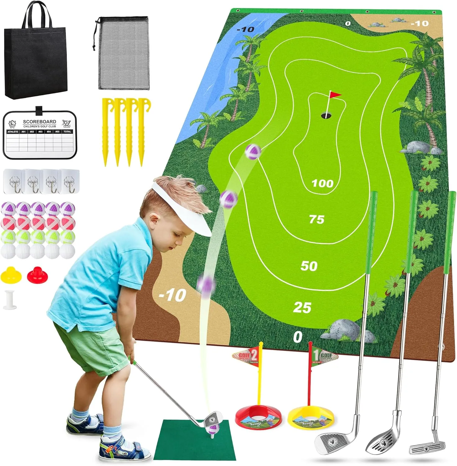Liberry Kids Golf Set for 3 4 5 6 7 Years Old Boys Girls, Golf Chipping Game with Golf Mat, Sticky Balls, Storage Bag, Retractable Golf Clubs Outdoor Indoor Sports Toy Gift Toss Game (Silver)