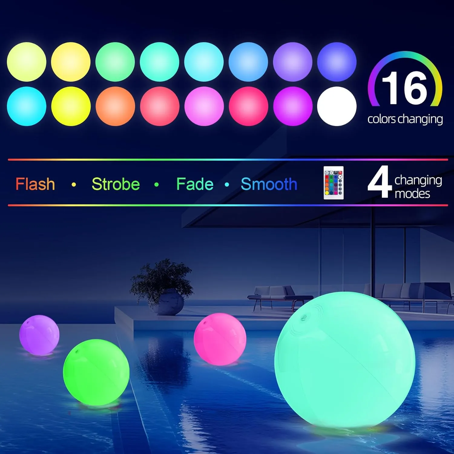Light up Beach Ball - 16" LED Floating Pool Ball Large Inflatable Pool Toys with 16 Colors Lights and 4 Modes with Remote Control Outdoor Pool Party Games(4-6-8Pcs)