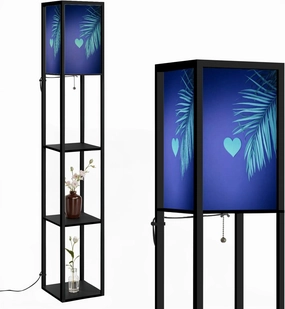 Light Blue Palm Leaf Creative Composition Valentines Day Flat Lay Floor Lamps with Shelves, Modern Standing Lamp Narrow Corner Display Bookshelf Lamp for Living Room, Bedroom, Office Decor