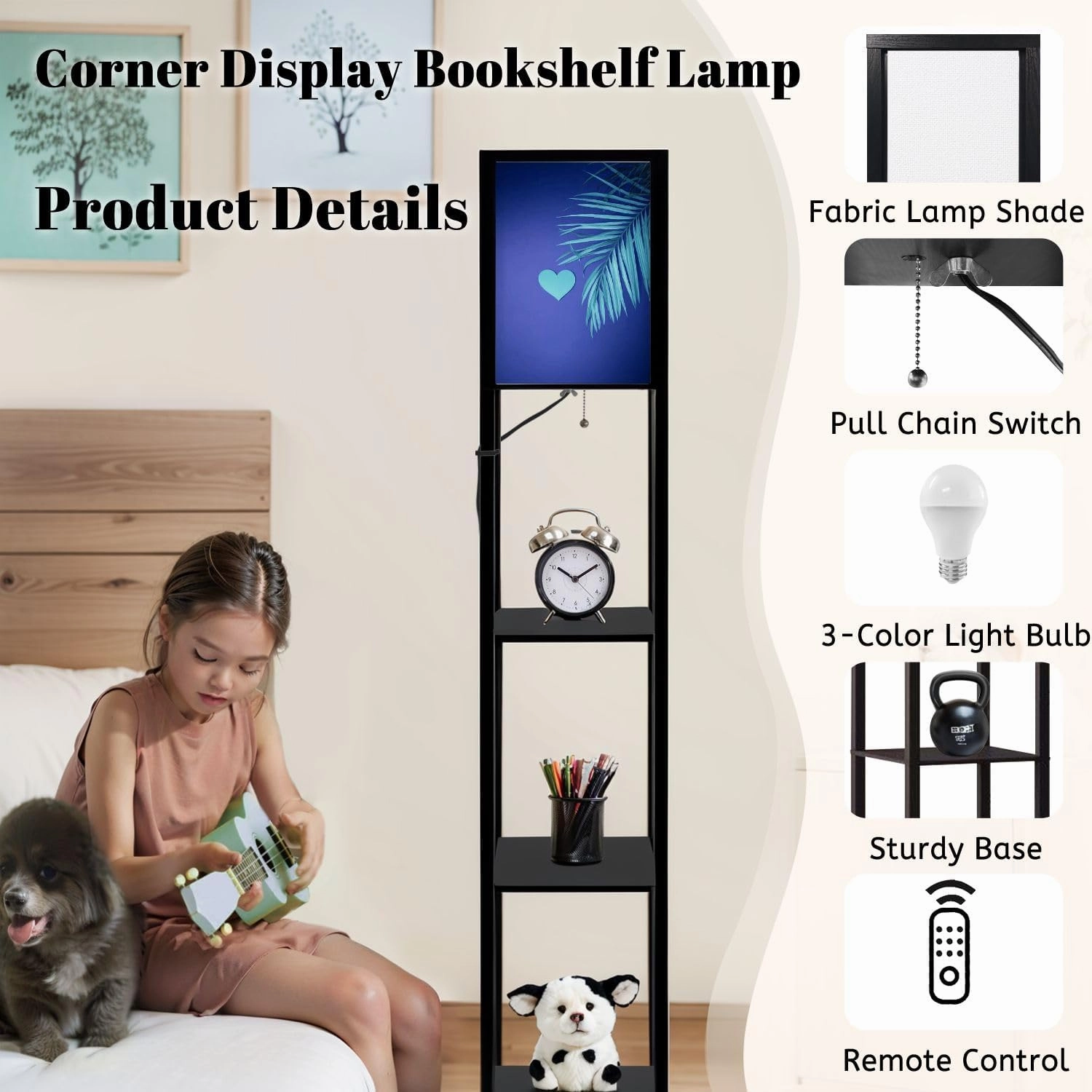 Light Blue Palm Leaf Creative Composition Valentines Day Flat Lay Floor Lamps with Shelves, Modern Standing Lamp Narrow Corner Display Bookshelf Lamp for Living Room, Bedroom, Office Decor