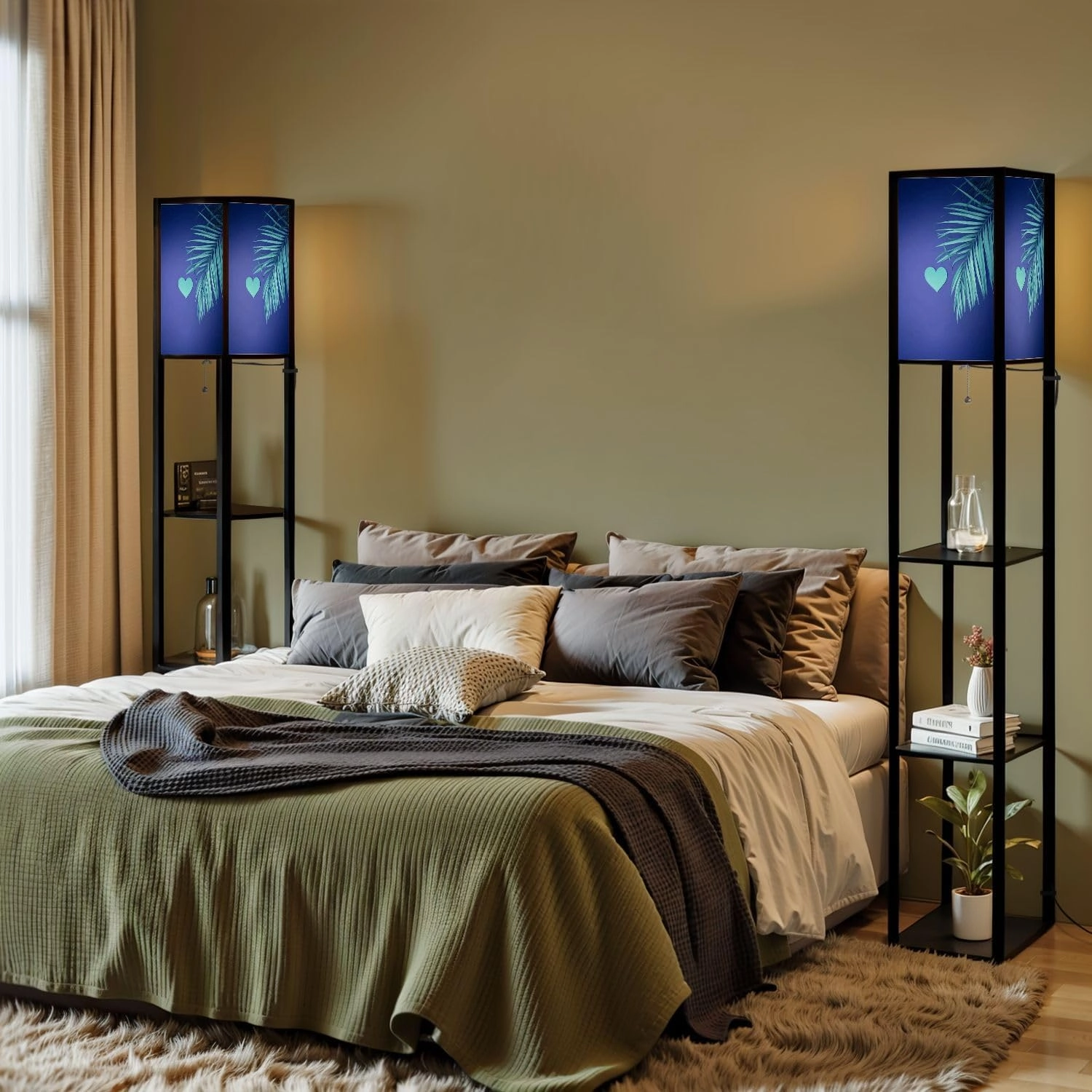 Light Blue Palm Leaf Creative Composition Valentines Day Flat Lay Floor Lamps with Shelves, Modern Standing Lamp Narrow Corner Display Bookshelf Lamp for Living Room, Bedroom, Office Decor