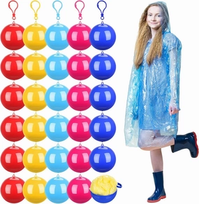Liitrsh 30 Pcs Rain Ponchos for Adults Portable Disposable Emergency Raincoats Waterproof Raincoats in Ball with Hook Plastic Travel Rain Poncho for Kids Camping Outdoor Cycling Sports, 5 Colors