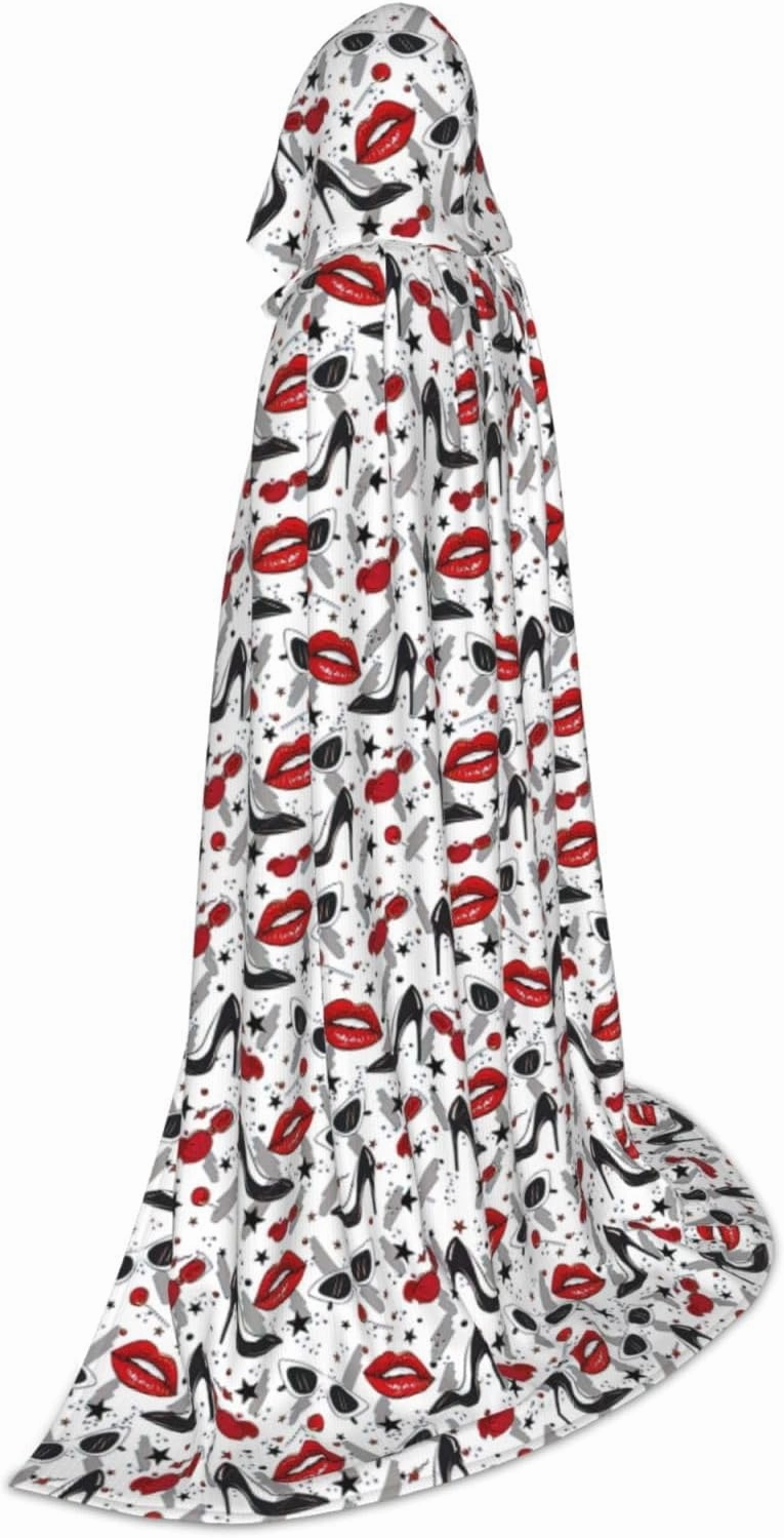 Lips High Heels Print Halloween Hooded Cloak Full Length Cape With Hood For Men And Women For Carnival