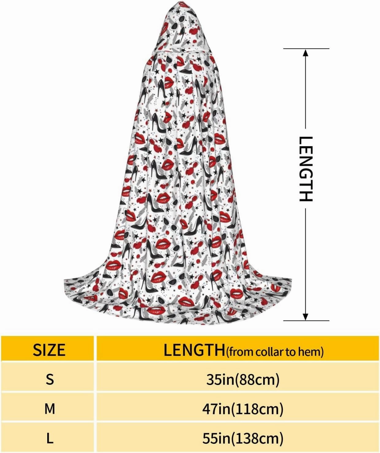Lips High Heels Print Halloween Hooded Cloak Full Length Cape With Hood For Men And Women For Carnival
