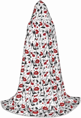Lips High Heels Print Halloween Hooded Cloak Full Length Cape With Hood For Men And Women For Carnival