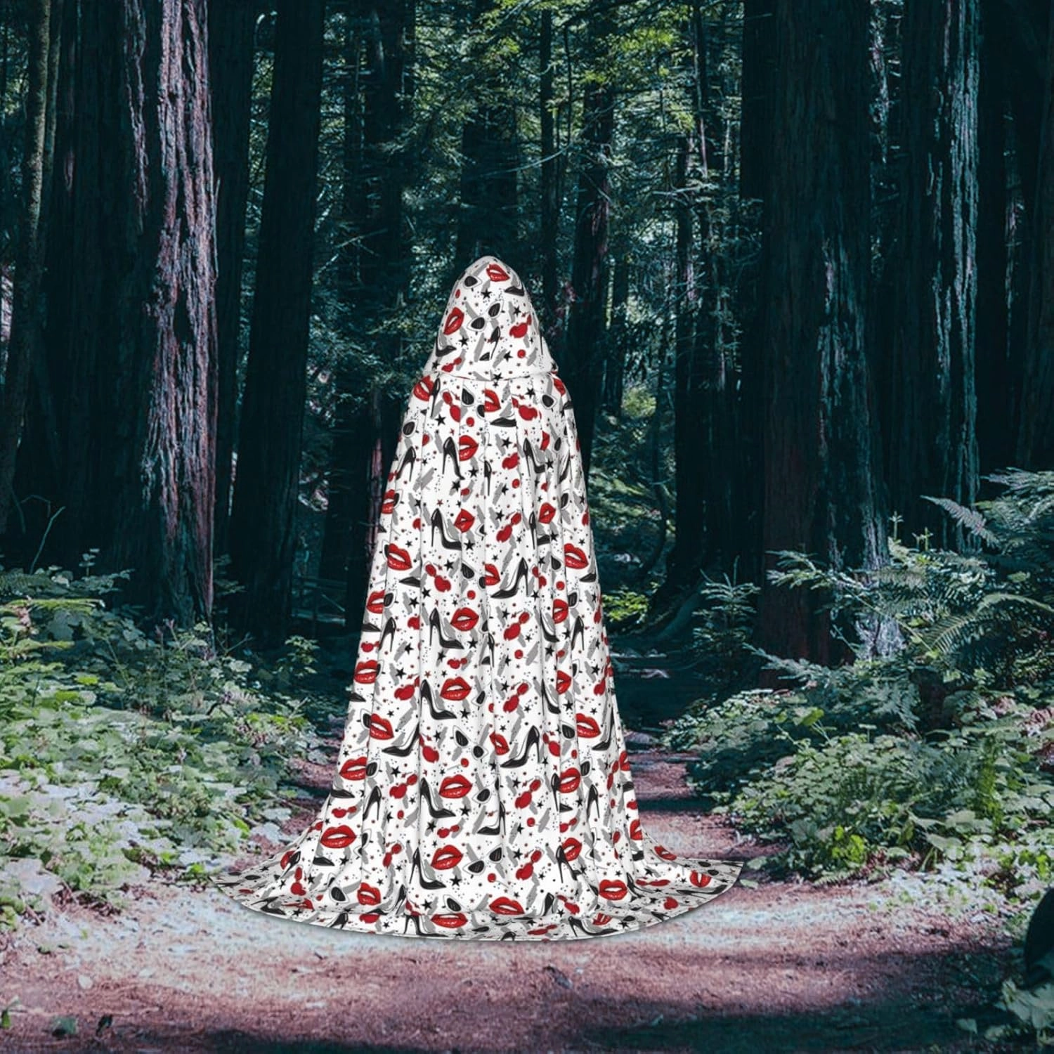 Lips High Heels Print Halloween Hooded Cloak Full Length Cape With Hood For Men And Women For Carnival