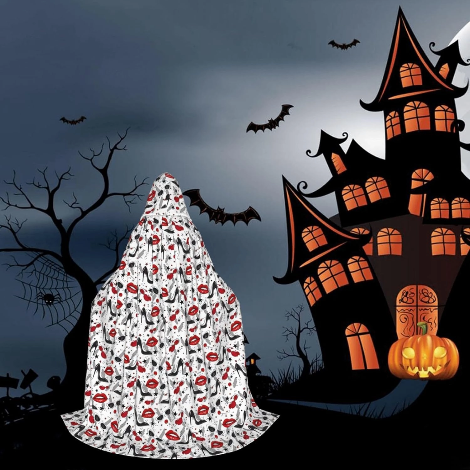 Lips High Heels Print Halloween Hooded Cloak Full Length Cape With Hood For Men And Women For Carnival