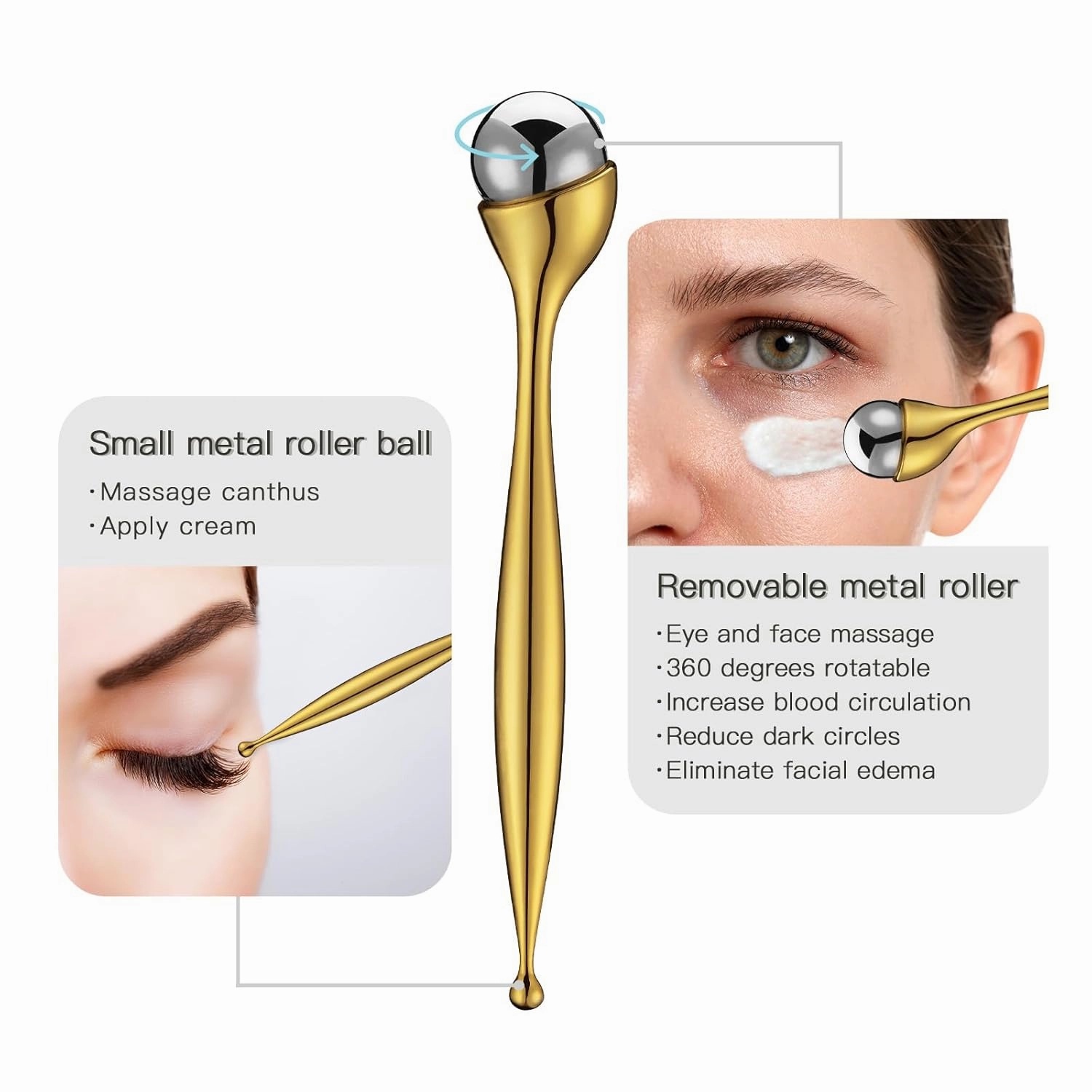 LISAPACK Metal Eye Cream Roller Wand, Face Massage, Facial Massager for Applicator, Reduce Puffiness (Gold)
