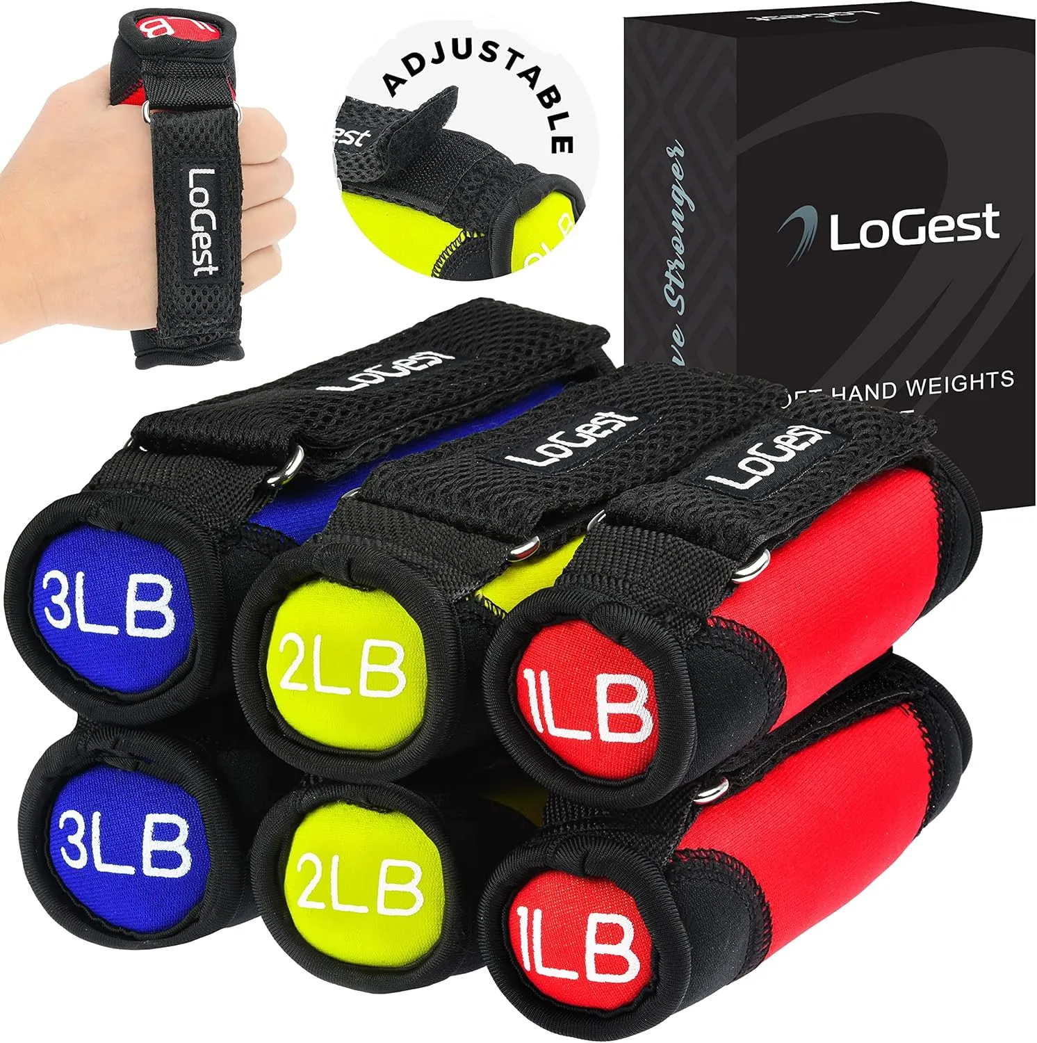 Logest Soft Hand Weights - Adjustable Neoprene Dumbbells (1LB, 2LB, 3LB, 4LB) - Red, Yellow, Blue, Purple - Velcro Straps - Weight Training, Walking, Jogging, Aerobics, Yoga
