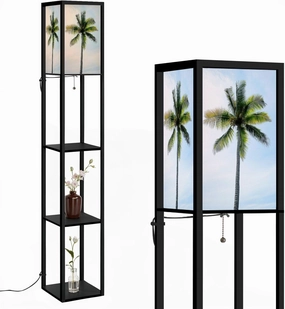 Looking Upwards Tall Coconut Palm Tree Against Sky Floor Lamps with Shelves, Modern Standing Lamp Narrow Corner Display Bookshelf Lamp for Living Room, Bedroom, Office Decor