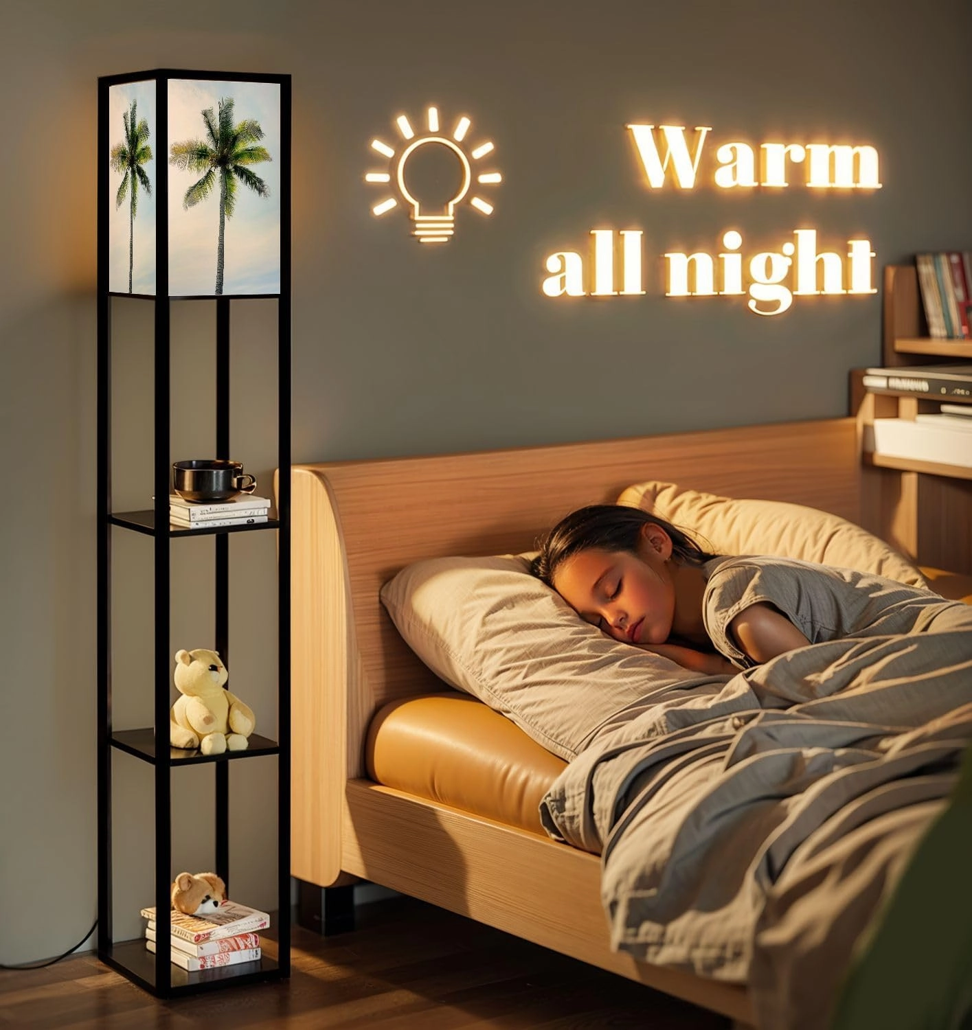 Looking Upwards Tall Coconut Palm Tree Against Sky Floor Lamps with Shelves, Modern Standing Lamp Narrow Corner Display Bookshelf Lamp for Living Room, Bedroom, Office Decor