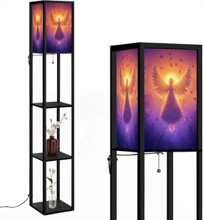 Luminescent Cartoon Angel Print Fluid Light Animations Floor Lamps with Shelves, Modern Standing Lamp Narrow Corner Display Bookshelf Lamp for Living Room, Bedroom, Office Decor