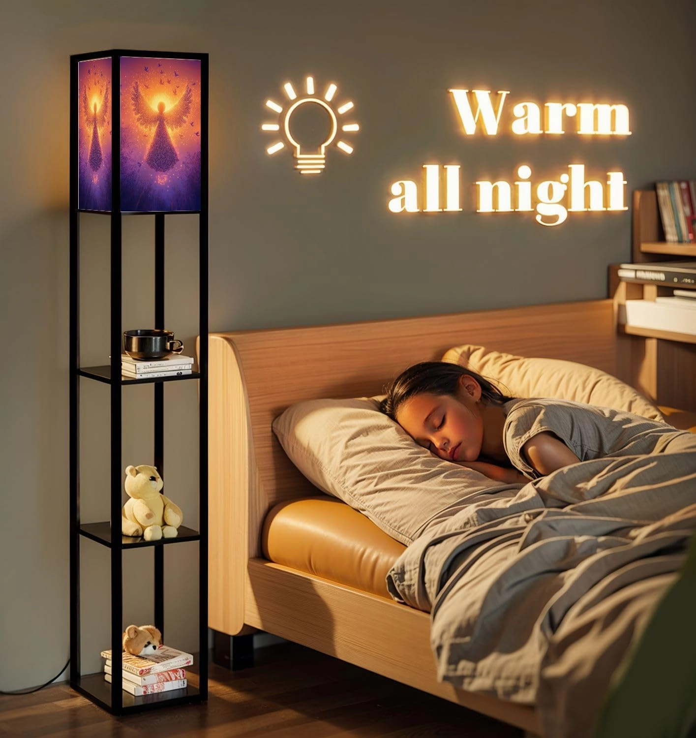 Luminescent Cartoon Angel Print Fluid Light Animations Floor Lamps with Shelves, Modern Standing Lamp Narrow Corner Display Bookshelf Lamp for Living Room, Bedroom, Office Decor