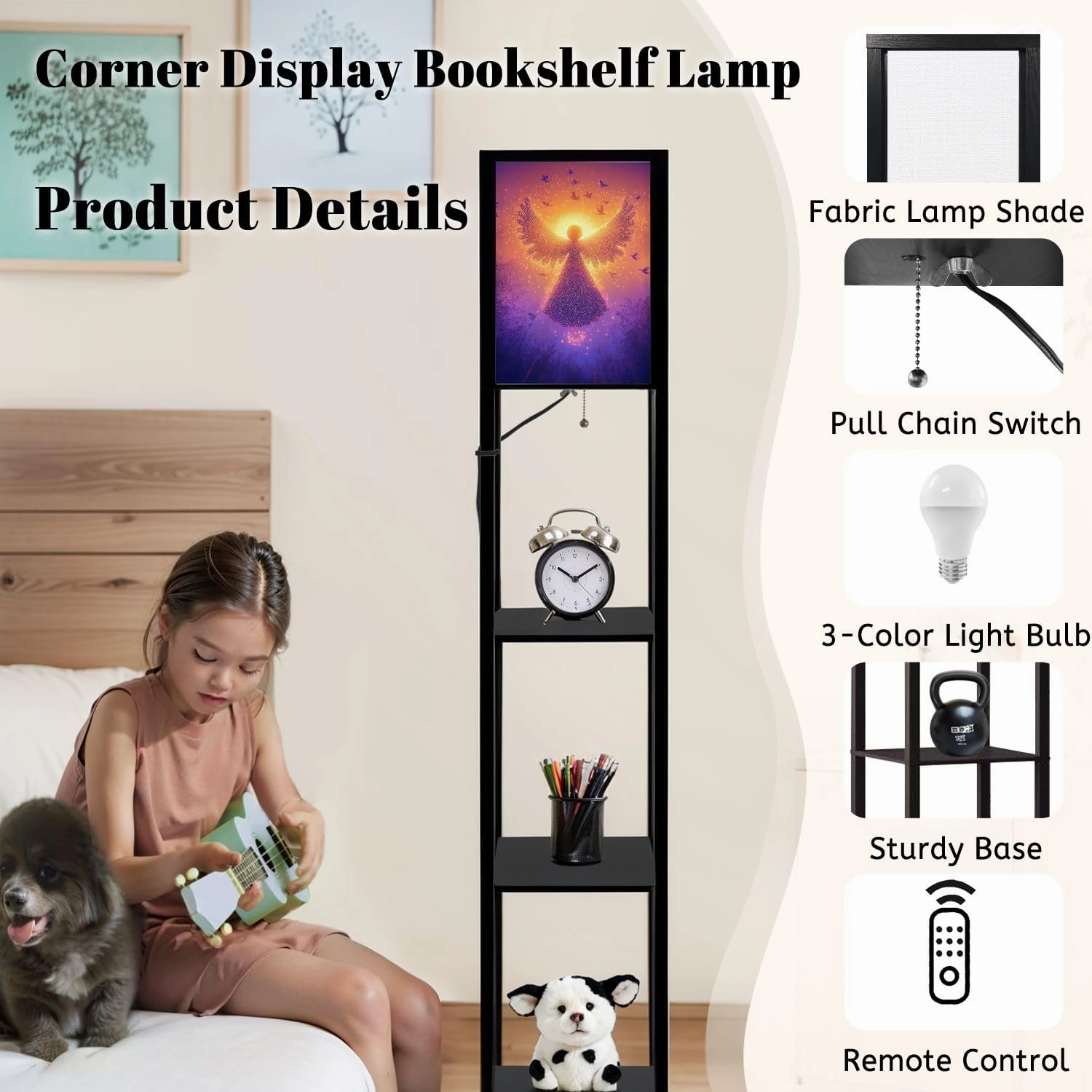 Luminescent Cartoon Angel Print Fluid Light Animations Floor Lamps with Shelves, Modern Standing Lamp Narrow Corner Display Bookshelf Lamp for Living Room, Bedroom, Office Decor