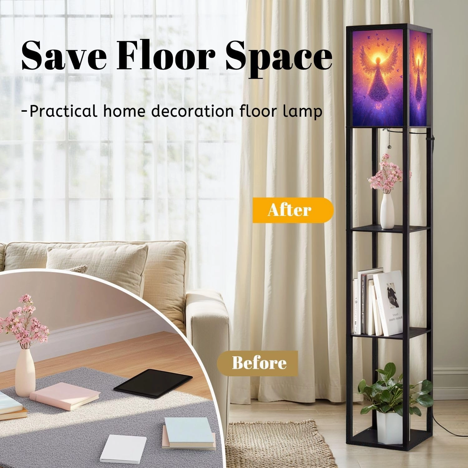 Luminescent Cartoon Angel Print Fluid Light Animations Floor Lamps with Shelves, Modern Standing Lamp Narrow Corner Display Bookshelf Lamp for Living Room, Bedroom, Office Decor