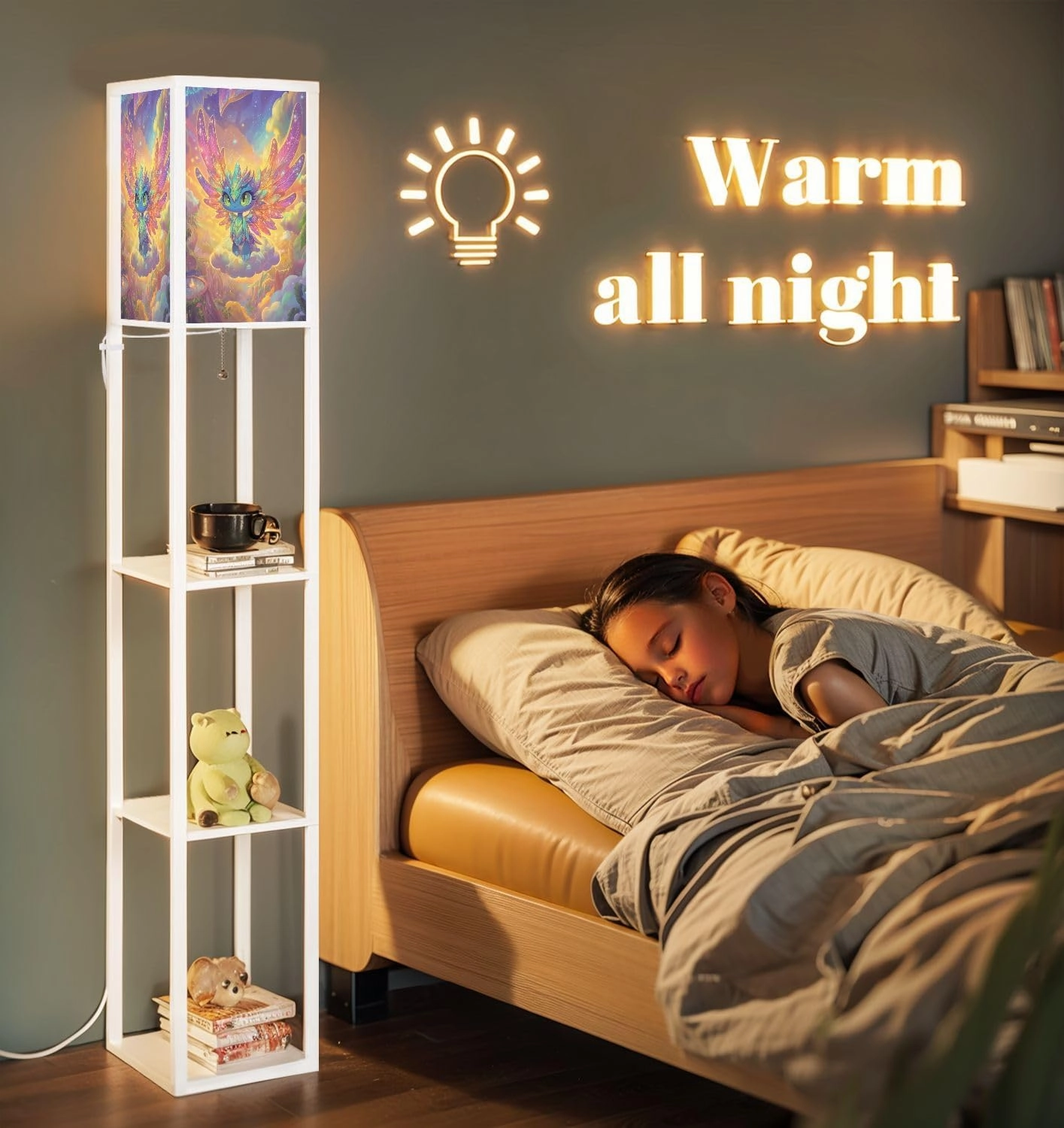 Luminous Nimbus Angel Magical Iridescent Clouds Art Floor Lamps with Shelves, Modern Standing Lamp Narrow Corner Display Bookshelf Lamp for Living Room, Bedroom, Office Decor