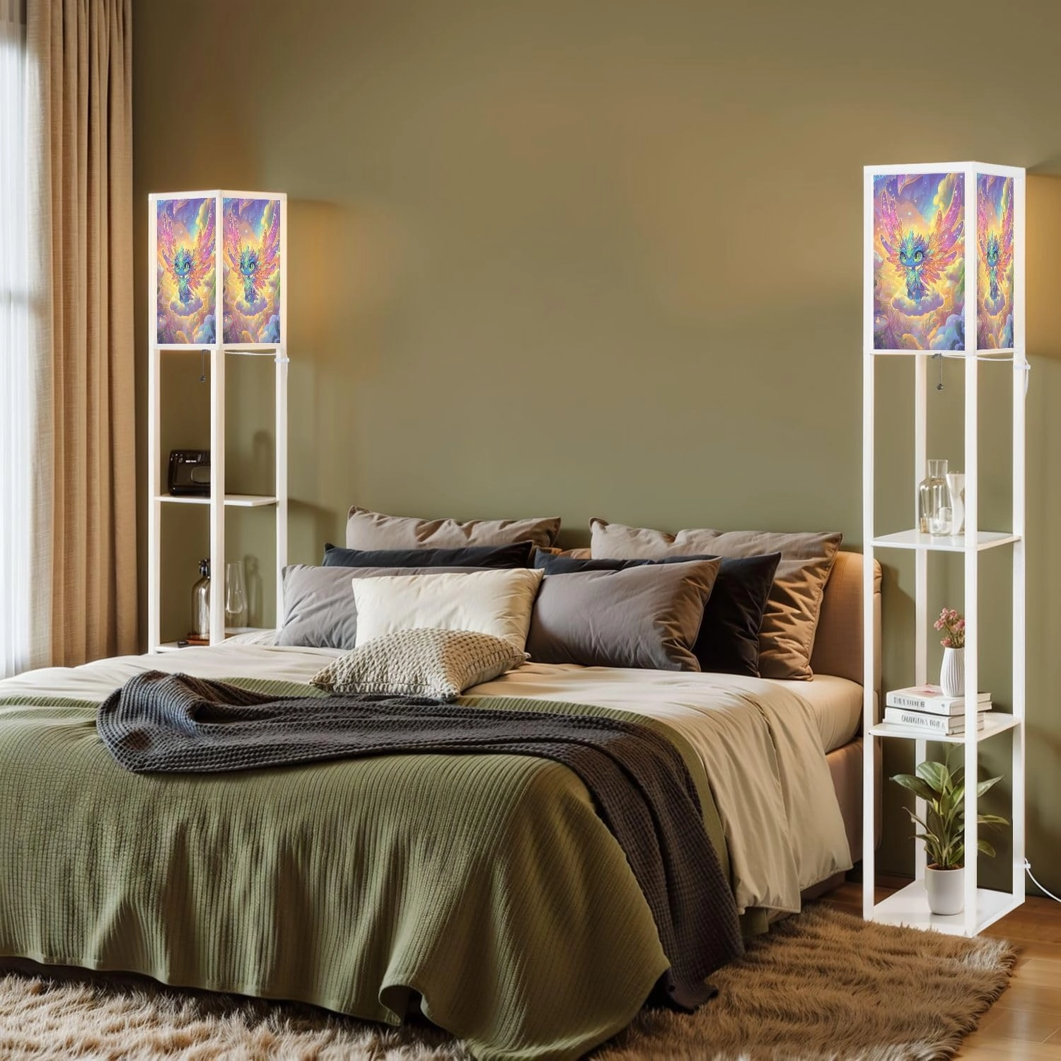 Luminous Nimbus Angel Magical Iridescent Clouds Art Floor Lamps with Shelves, Modern Standing Lamp Narrow Corner Display Bookshelf Lamp for Living Room, Bedroom, Office Decor