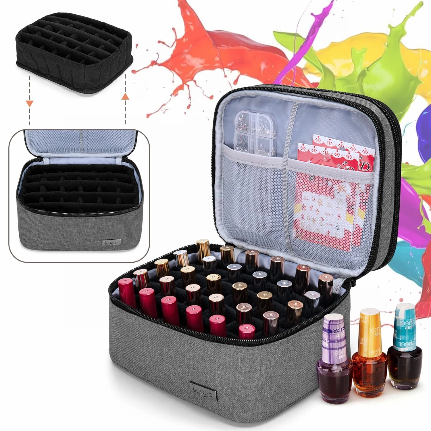 LUXJA Nail Polish Carrying Case - Holds 20 Bottles (15ml - 0.5 fl.oz), Portable Organizer Bag for Nail Polish and Manicure Set, Gray