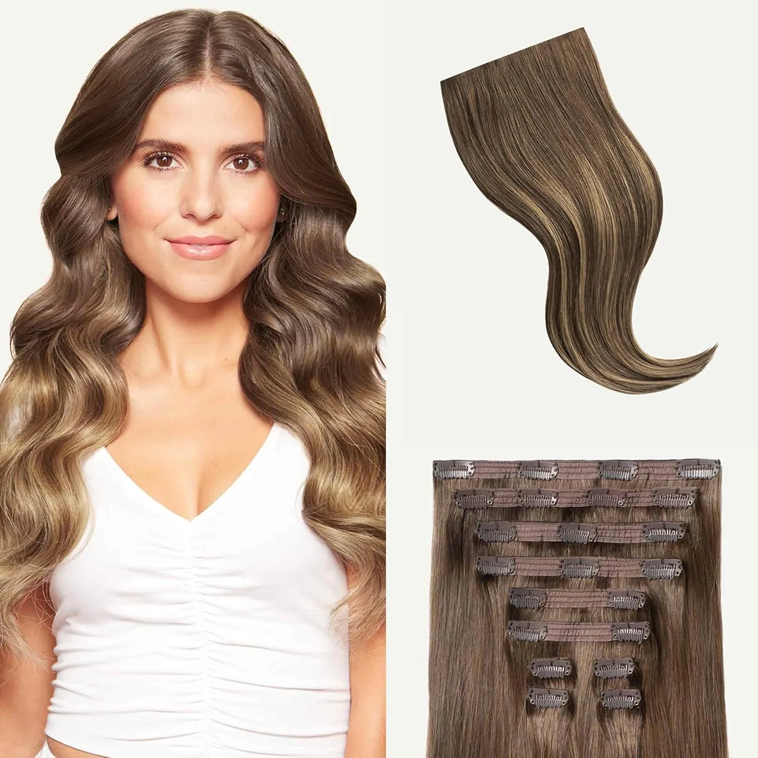 Luxy 100% Remy Human Hair, Classic 160g Clip-In Hair Extensions - 10 Wefts Multi-Dimensional Color for Natural Blending, Adds Volume & Length, Easy Apply & Remove 16" Ash Brown Balayage