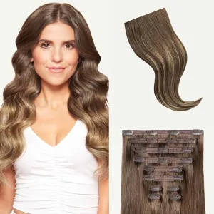 Luxy 100% Remy Human Hair, Classic 160g Clip-In Hair Extensions - 10 Wefts Multi-Dimensional Color for Natural Blending, Adds Volume & Length, Easy Apply & Remove 16" Ash Brown Balayage
