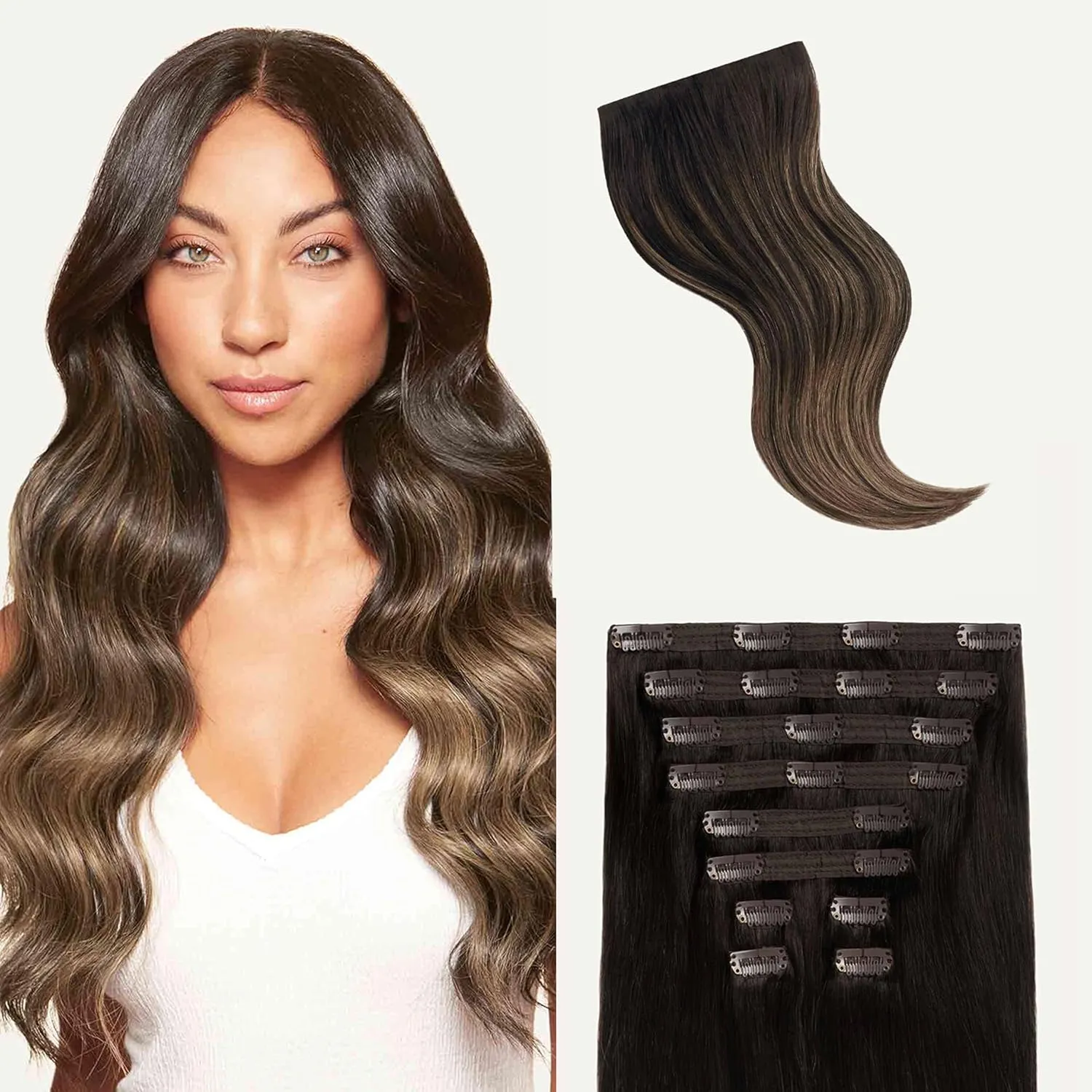 Luxy 100% Remy Human Hair, Classic 160g Clip-In Hair Extensions - 10 Wefts Multi-Dimensional Color for Natural Blending, Adds Volume & Length, Easy Apply & Remove 16" Mocha Brown Balayage