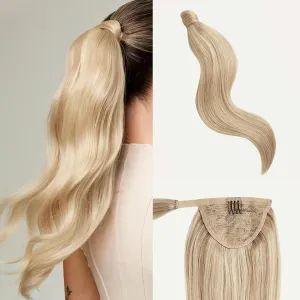 Luxy 100% Remy Human Hair, Clip-In Ponytail Extension, One-Piece Velcro Wrap & Secure Prongs - Natural Looking Volume & Length for All Hair Types 100 grams 16" Dimensional Beige Blonde