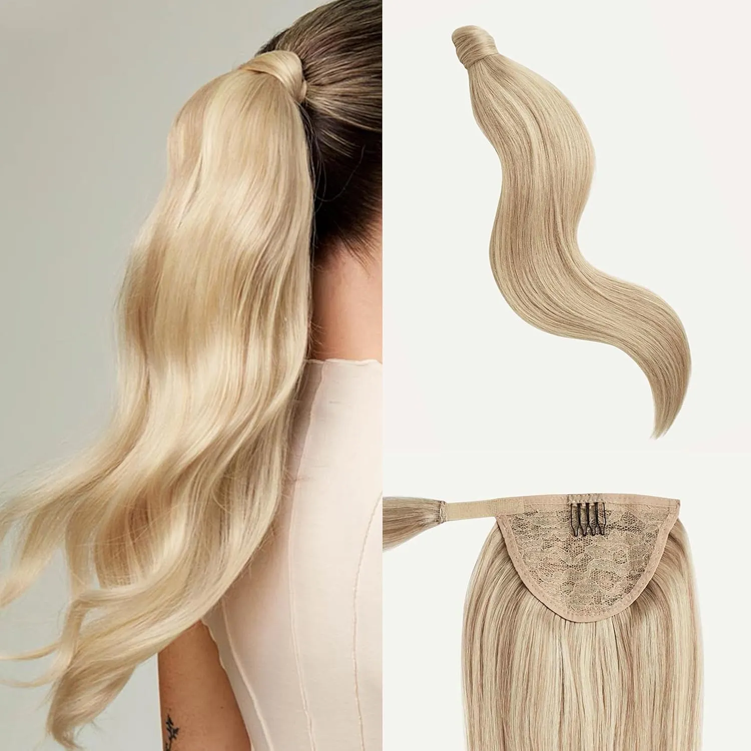 Luxy 100% Remy Human Hair, Clip-In Ponytail Extension, One-Piece Velcro Wrap & Secure Prongs - Natural Looking Volume & Length for All Hair Types 100 grams 16" Dimensional Beige Blonde