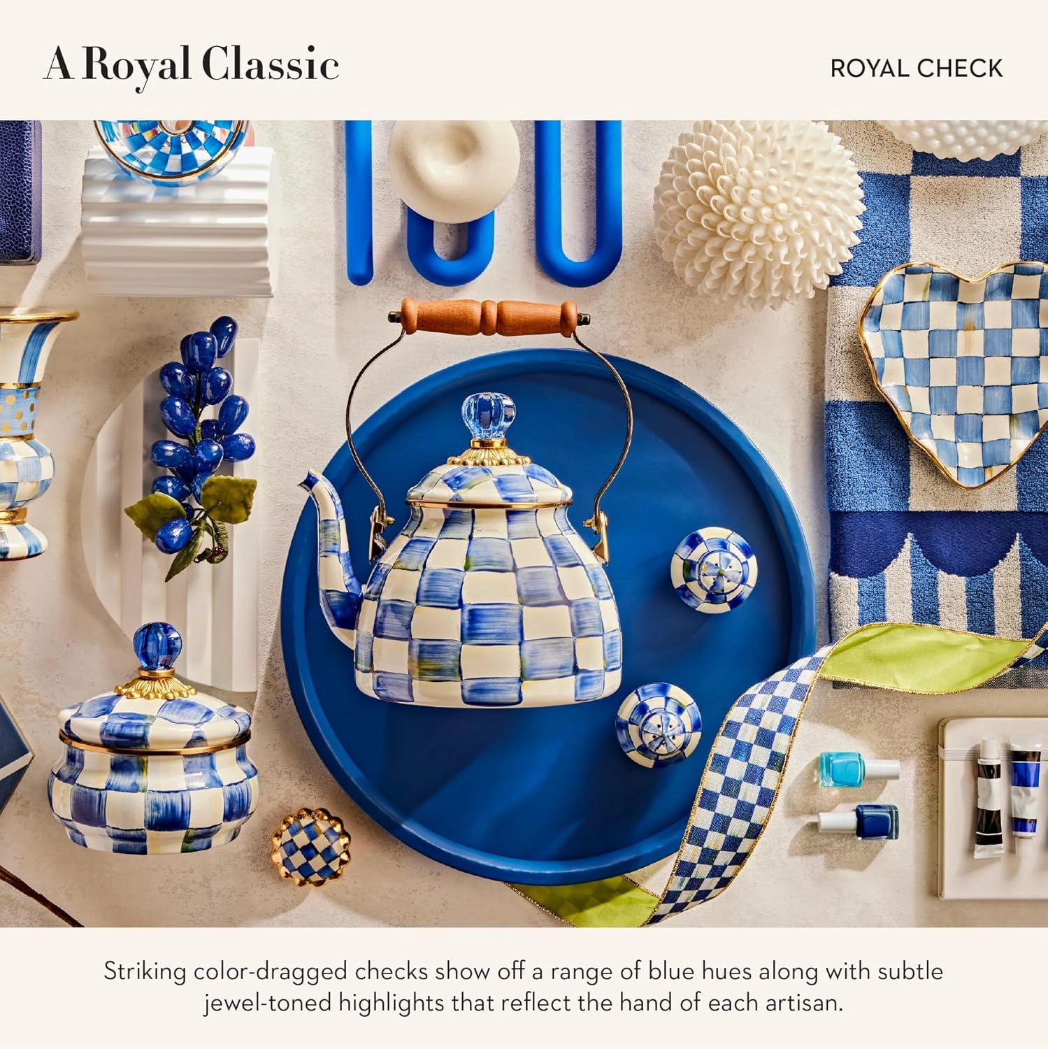 MACKENZIE-CHILDS Round Knob, Decorative Drawer Pull Knob, Blue-and-White Royal Check