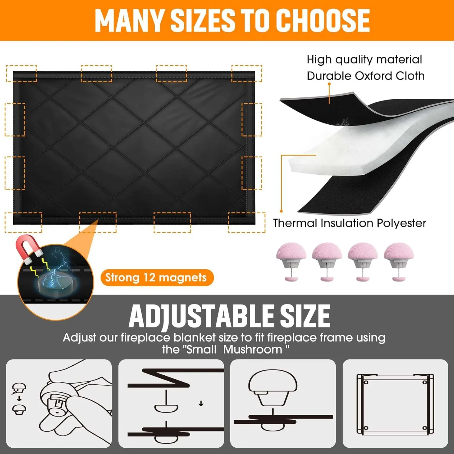 Magnetic Fireplace Draft Cover, Fireplace Blocker Blanket for Heat Loss, Indoor Fireplace Draft Stopper with 12 Magnets for Iron Frame, Blanket for Insulation Black 39" W x 28" H
