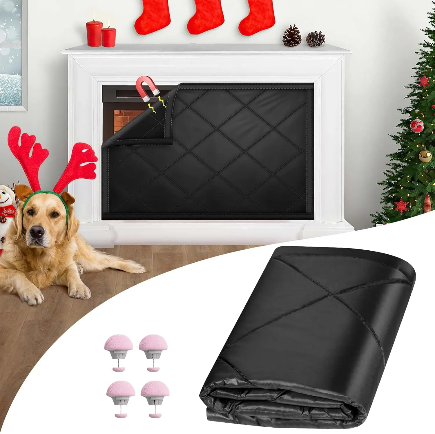 Magnetic Fireplace Draft Cover, Fireplace Blocker Blanket for Heat Loss, Indoor Fireplace Draft Stopper with 12 Magnets for Iron Frame, Blanket for Insulation Black 39" W x 28" H