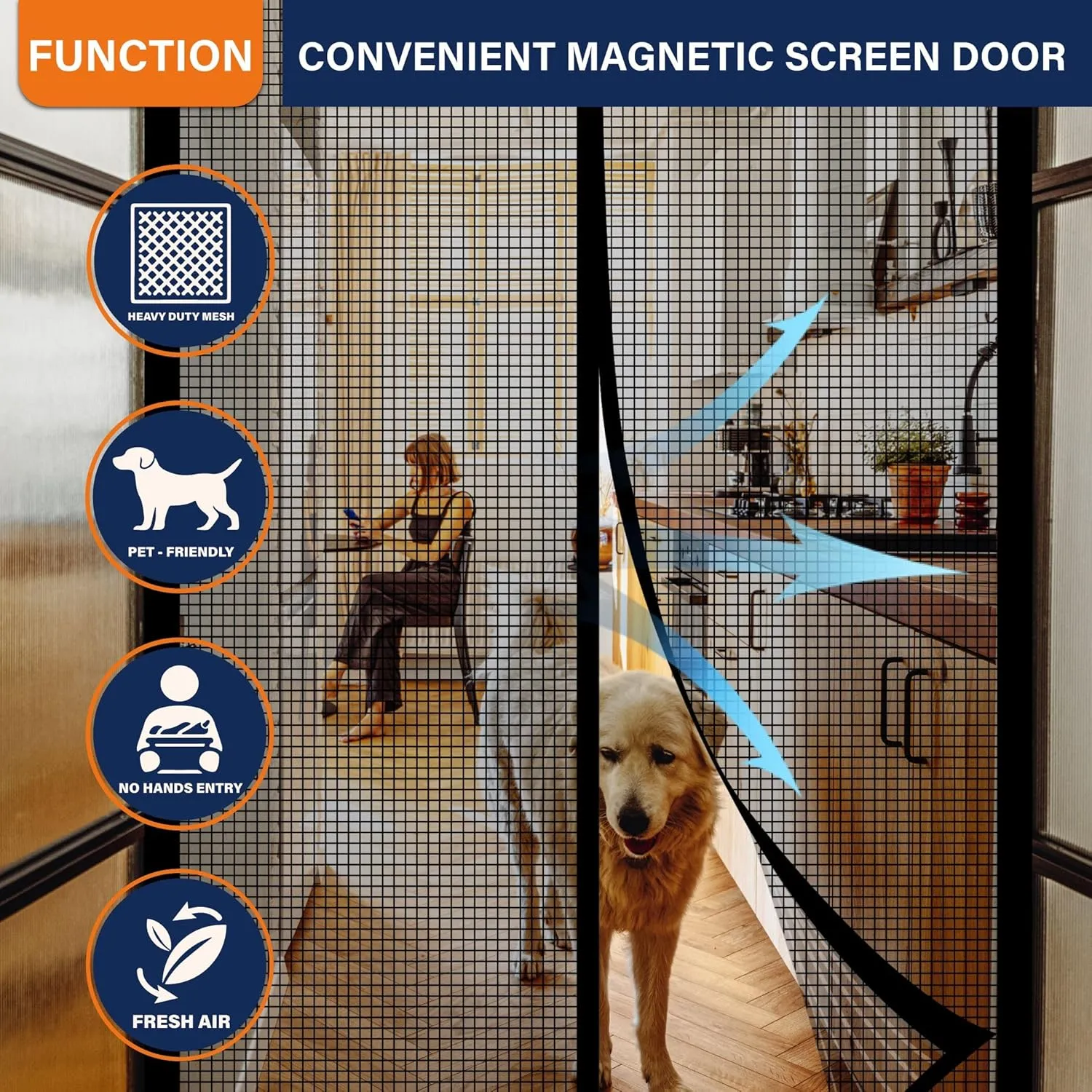 Magnetic Screen Door，Fiberglass Screen Door Mesh，Keep Bugs Out, Heavy-Duty Mesh Curtain,Pet and Kid Friendly, Works with Front Doors, Sliding Doors（38x83 Inch Fiberglass