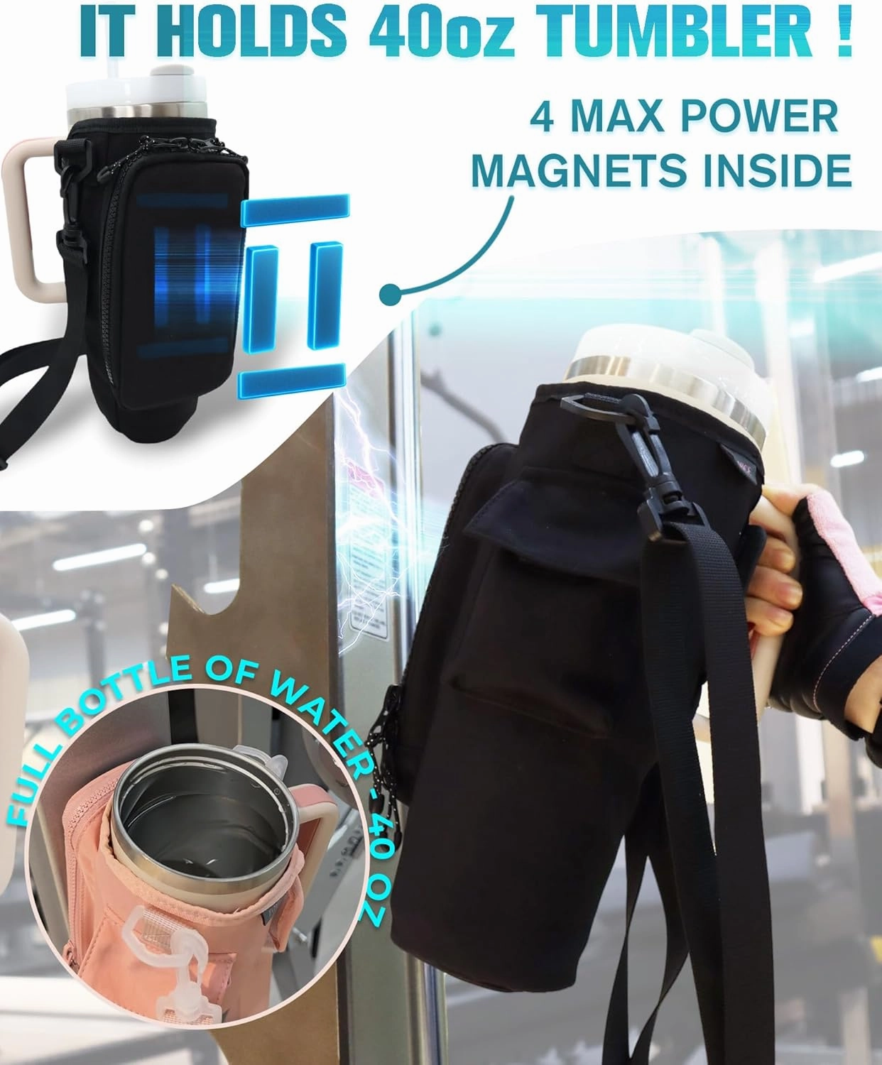 Magnetic Gym Bag for Stanley Cup, 30 & 40 oz Stanley Carrier with Strap, Magnetic Water Bottle Holder for Women & Men, Cool Gym Stuff, Compatible with Simple Modern (Black)