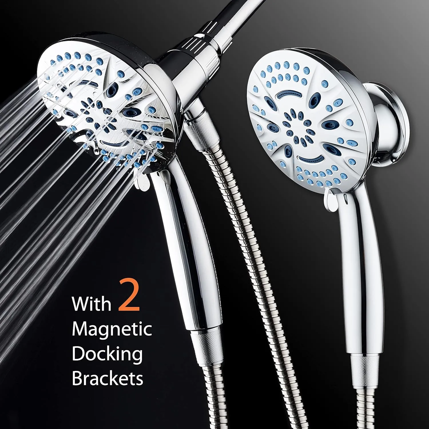 Magneton High-Pressure 8-mode Handheld Shower Head with Magnetic Guidance Docking System - 2 Magnetic Brackets, 5 inch Face, Hygienic Jets, 6 ft. Stainless Steel Hose/All Chrome Finish