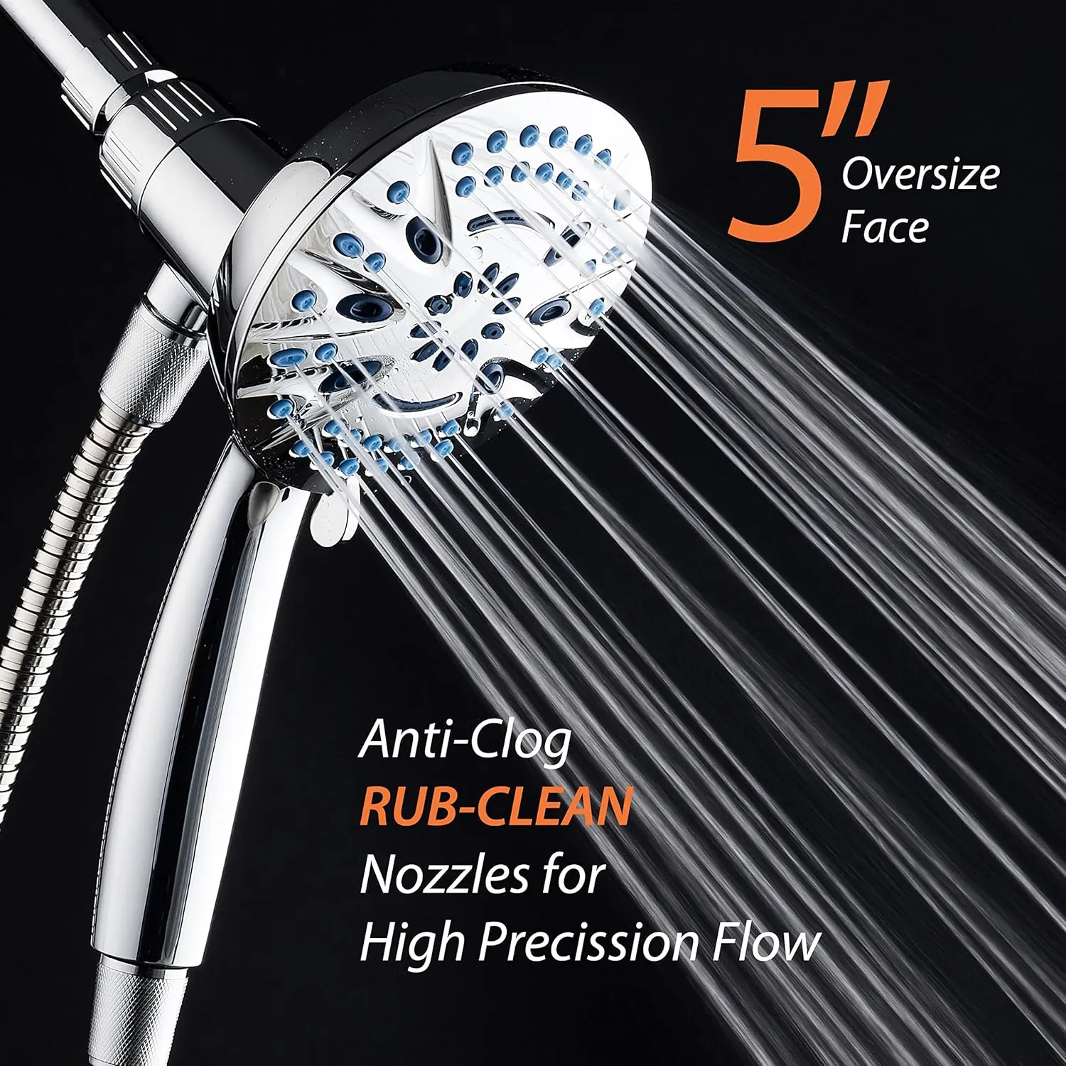 Magneton High-Pressure 8-mode Handheld Shower Head with Magnetic Guidance Docking System - 2 Magnetic Brackets, 5 inch Face, Hygienic Jets, 6 ft. Stainless Steel Hose/All Chrome Finish