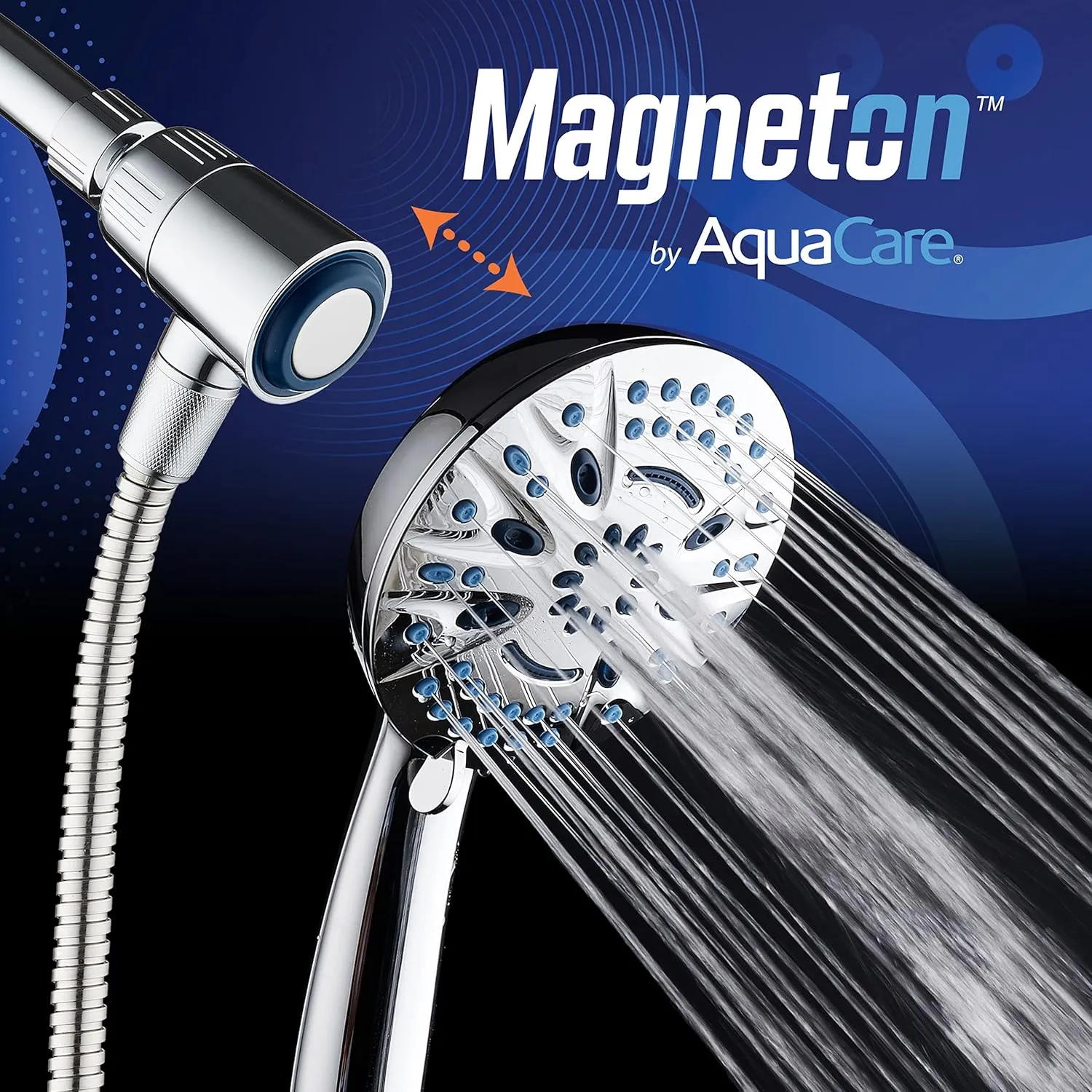 Magneton High-Pressure 8-mode Handheld Shower Head with Magnetic Guidance Docking System - 2 Magnetic Brackets, 5 inch Face, Hygienic Jets, 6 ft. Stainless Steel Hose/All Chrome Finish