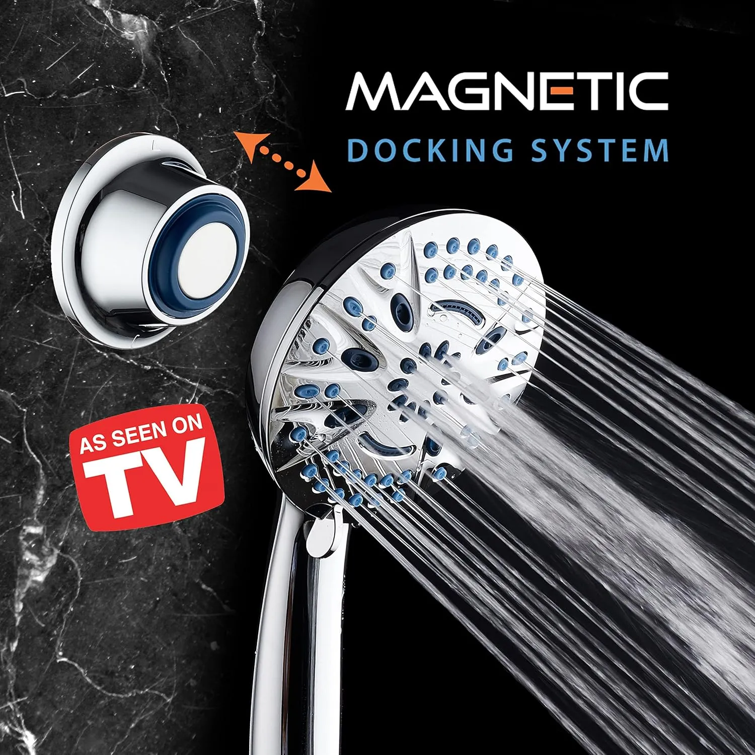 Magneton High-Pressure 8-mode Handheld Shower Head with Magnetic Guidance Docking System - 2 Magnetic Brackets, 5 inch Face, Hygienic Jets, 6 ft. Stainless Steel Hose/All Chrome Finish