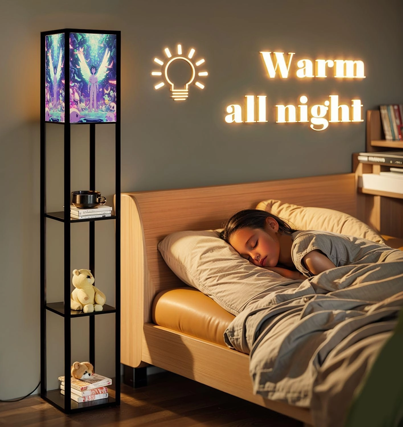 Majestic Nimbus Angel Design Simplistic Birds Floor Lamps with Shelves, Modern Standing Lamp Narrow Corner Display Bookshelf Lamp for Living Room, Bedroom, Office Decor