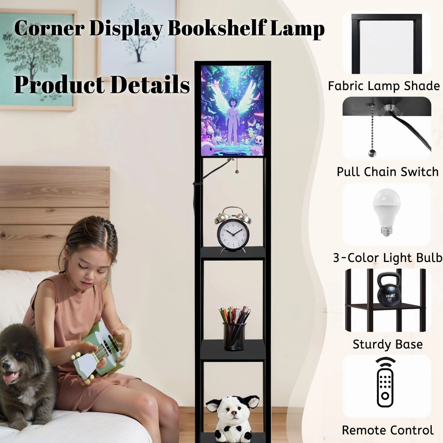 Majestic Nimbus Angel Design Simplistic Birds Floor Lamps with Shelves, Modern Standing Lamp Narrow Corner Display Bookshelf Lamp for Living Room, Bedroom, Office Decor