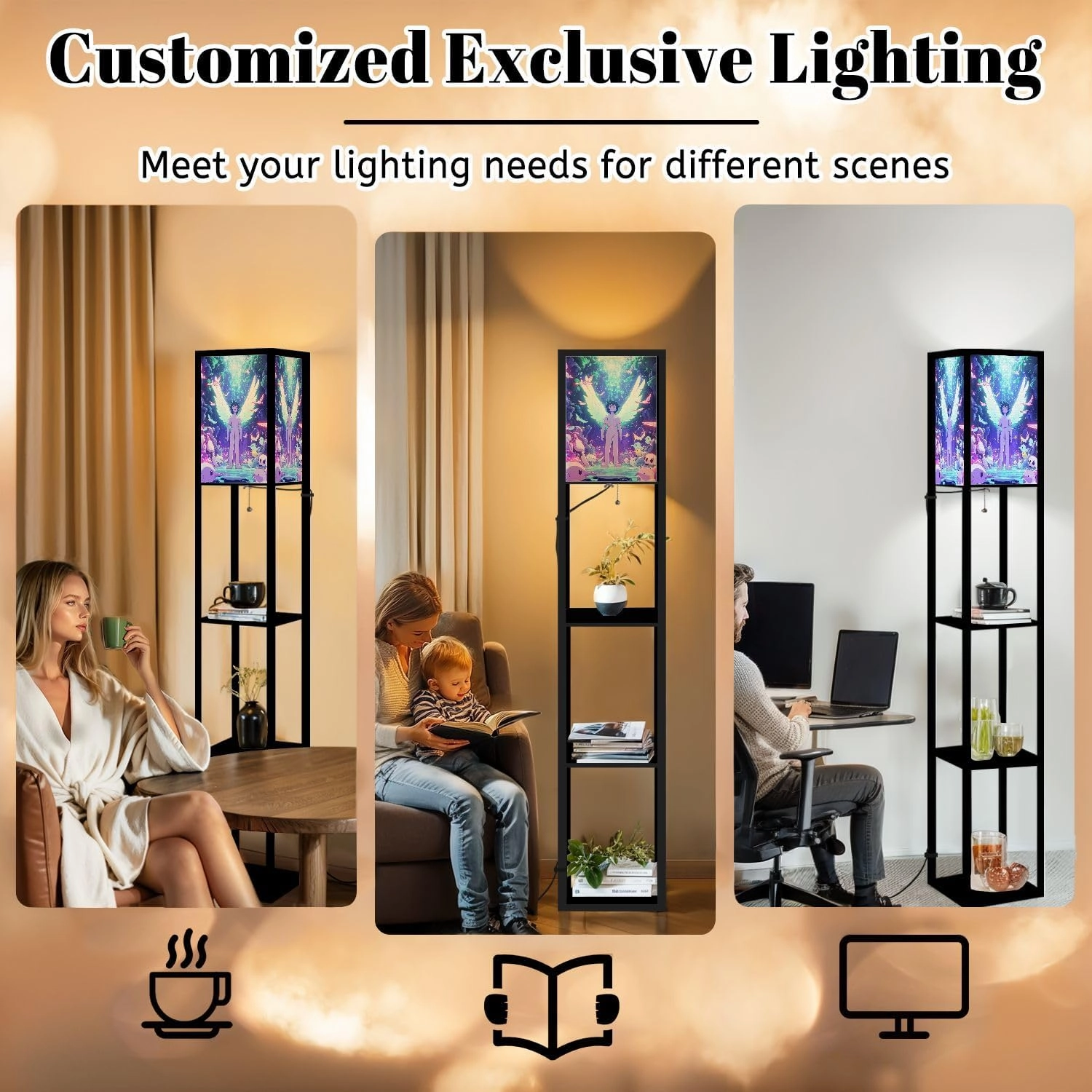 Majestic Nimbus Angel Design Simplistic Birds Floor Lamps with Shelves, Modern Standing Lamp Narrow Corner Display Bookshelf Lamp for Living Room, Bedroom, Office Decor