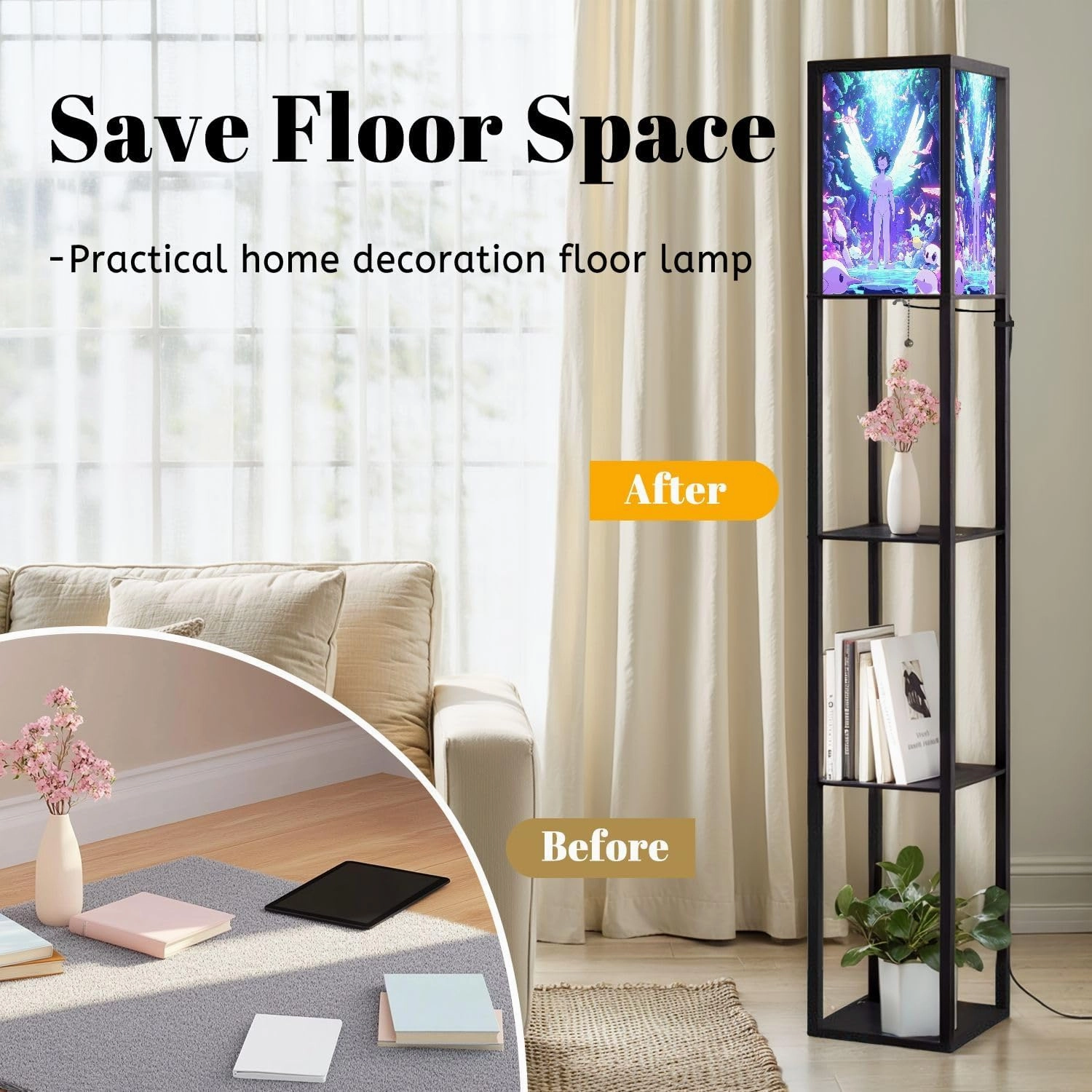 Majestic Nimbus Angel Design Simplistic Birds Floor Lamps with Shelves, Modern Standing Lamp Narrow Corner Display Bookshelf Lamp for Living Room, Bedroom, Office Decor