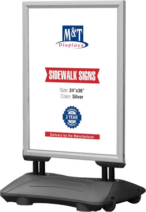 M&T Displays WindPro Weather and Wind Resistant Outdoor Pavement Sidewalk Sign for 24x36 Posters Silver Aluminum Easy Front Loading Snap Frame with Durable HDPE Silver Water Base