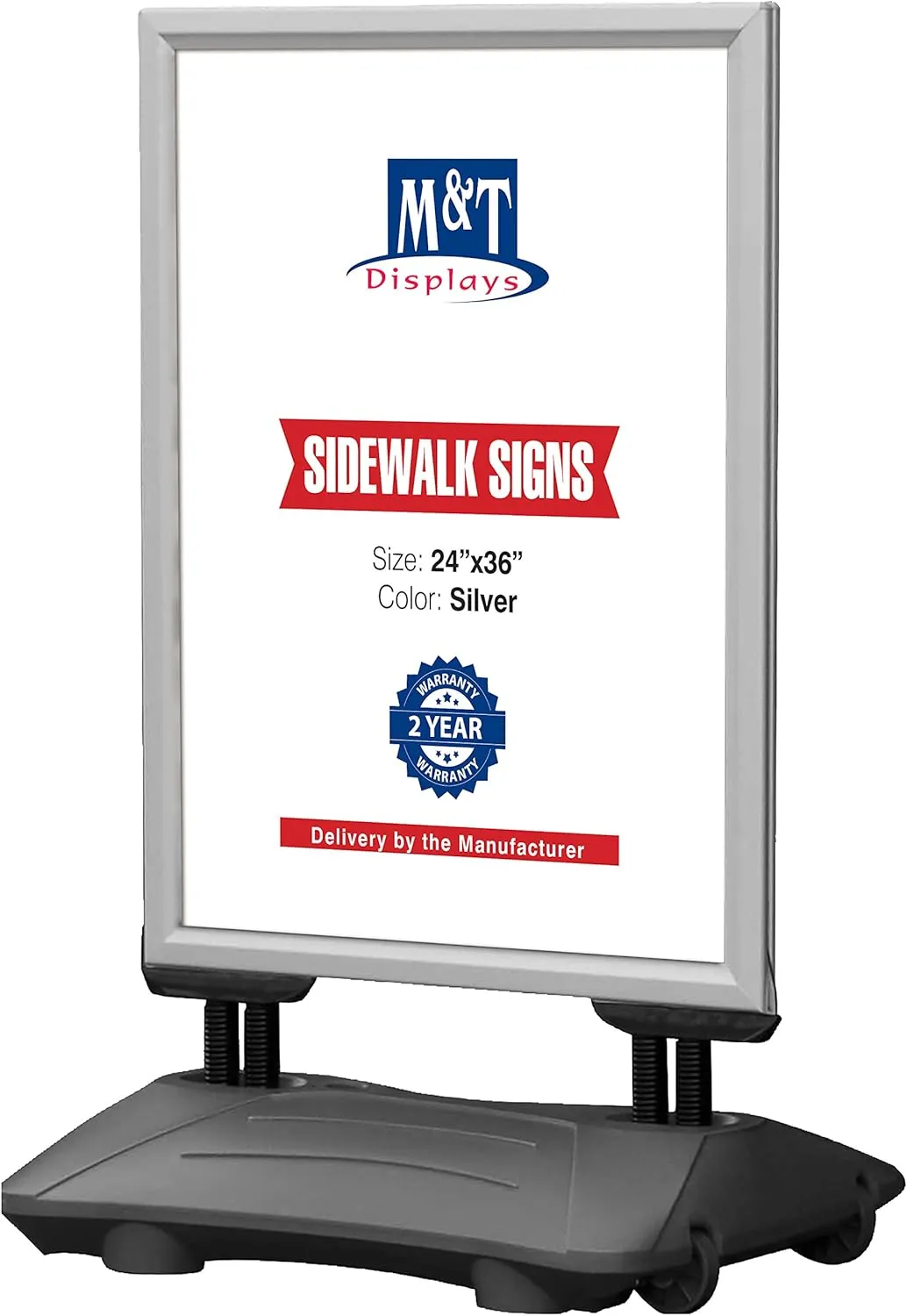 M&T Displays WindPro Weather and Wind Resistant Outdoor Pavement Sidewalk Sign for 24x36 Posters Silver Aluminum Easy Front Loading Snap Frame with Durable HDPE Silver Water Base