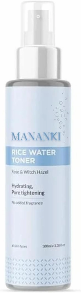 Mananki Rice Water Face Toner with Rose & Witch Hazel, Hydrating & Pore Tightening, 3.38 fl oz, Mist for Glowing Skin, for Men and Women