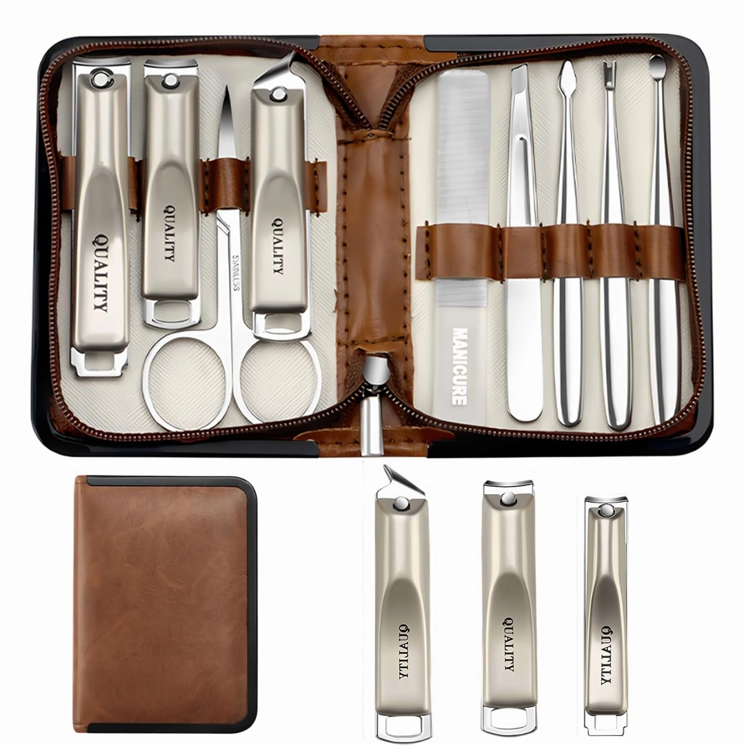 Manicure Set,Nail Clipper Set,9 Pieces Professional Stainless Steel Nail Care Tools,Pedicure Tools,with Brown Leather Bag for Home, Workplace, Outdoor Travel, Gift Giving (Brown)