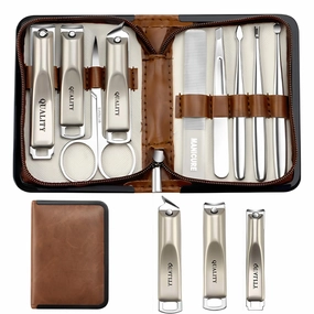 Manicure Set,Nail Clipper Set,9 Pieces Professional Stainless Steel Nail Care Tools,Pedicure Tools,with Brown Leather Bag for Home, Workplace, Outdoor Travel, Gift Giving (Brown)