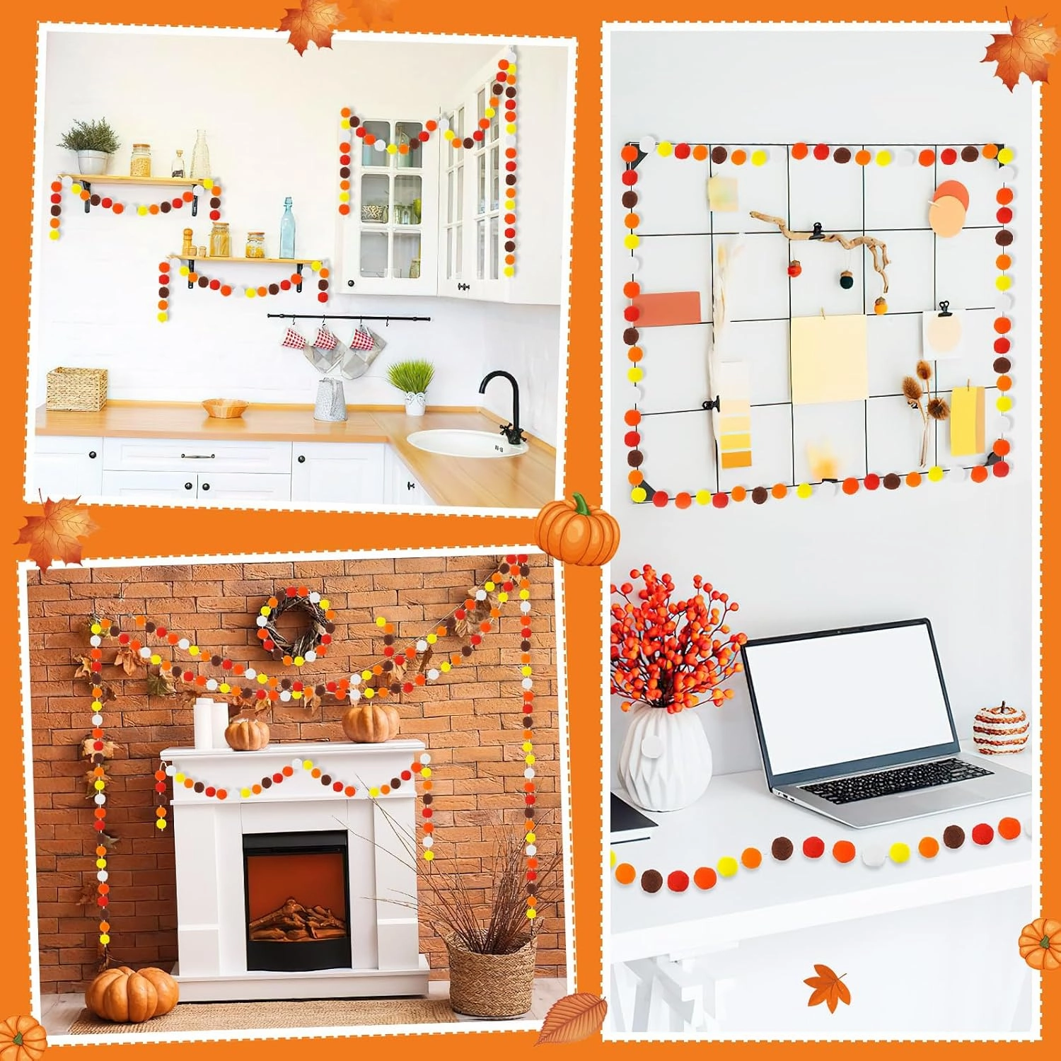 MARFOREVER Thanksgiving Felt Ball Garlands, 4 Pack 26.3 Feet Gold Yellow Orange 30 Balls Fall Pom Pom Garland for Autumn Party Home Decor