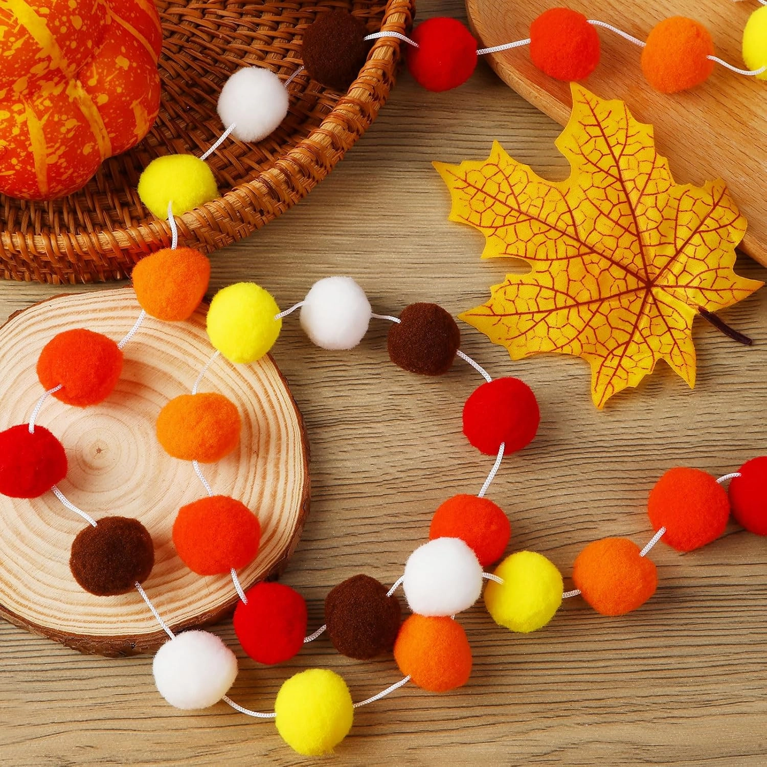 MARFOREVER Thanksgiving Felt Ball Garlands, 4 Pack 26.3 Feet Gold Yellow Orange 30 Balls Fall Pom Pom Garland for Autumn Party Home Decor