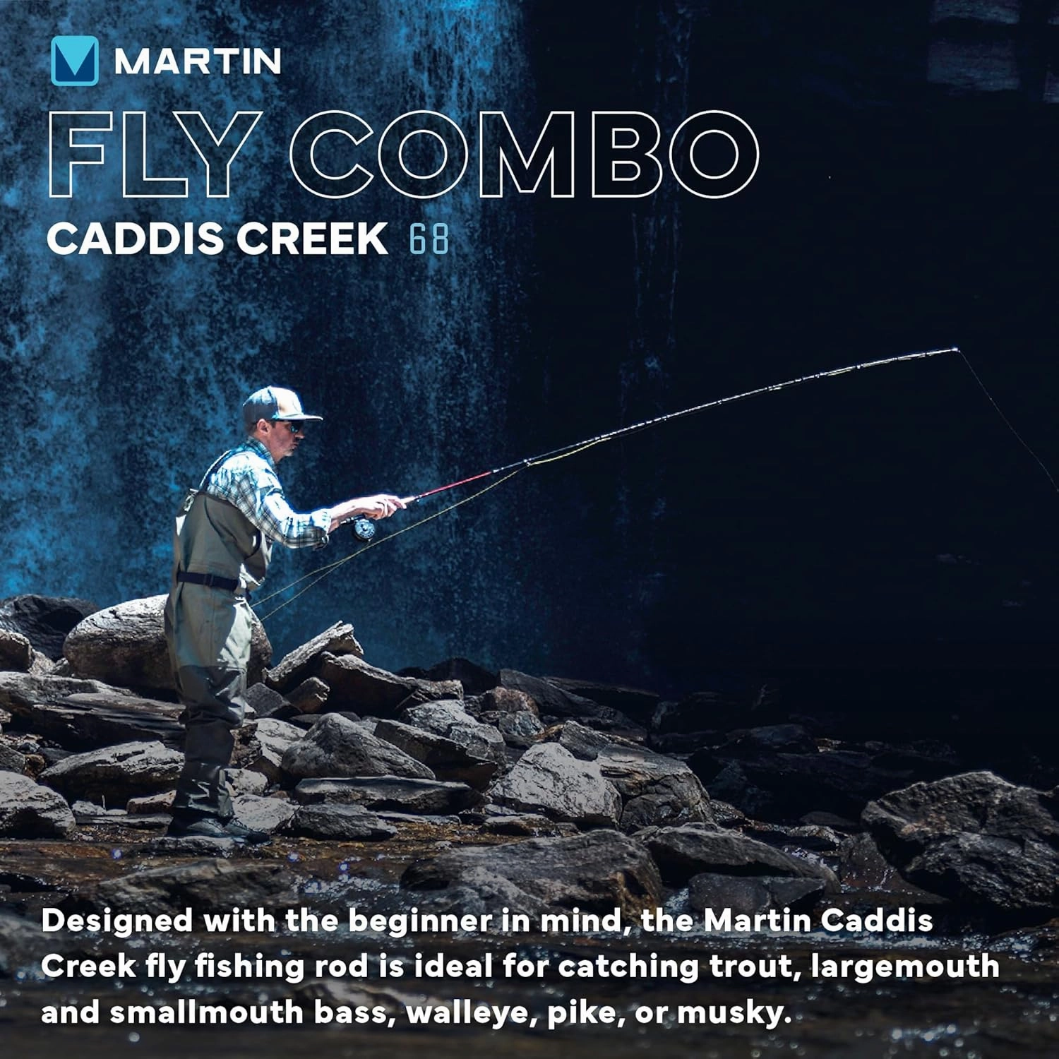 Martin Caddis Creek Fly Fishing Rod and Reel Combo, 9-Foot 2-Piece Fiberglass Rod, Moderate Fast Action, Single Action Fly Reel, Aluminum Frame and Spool, Interchangeable Retrieve, Brown
