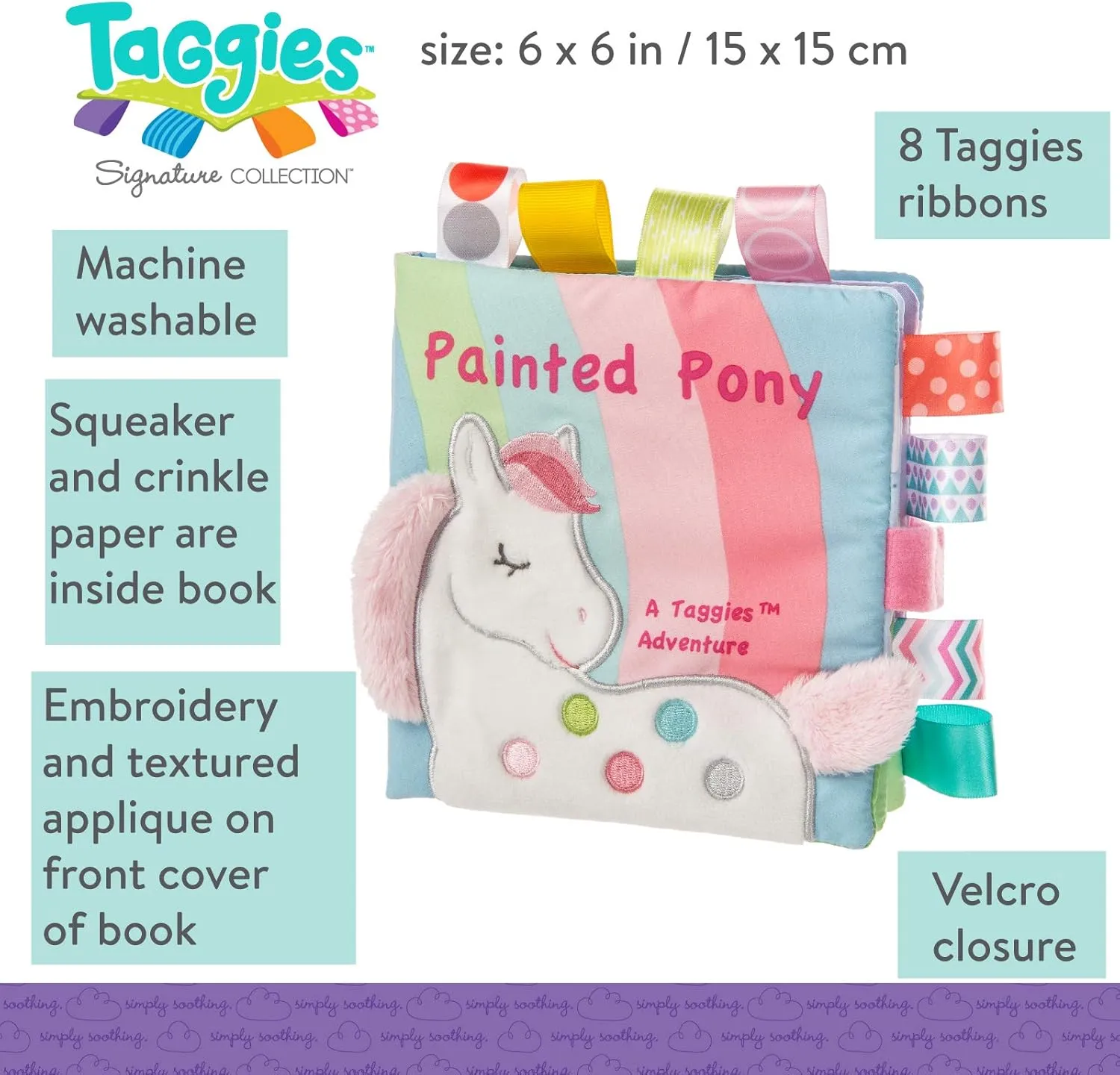 Mary Meyer Taggies Touch & Feel Soft Cloth Book with Crinkle Paper & Squeaker, 6 x 6-Inches, Painted Pony