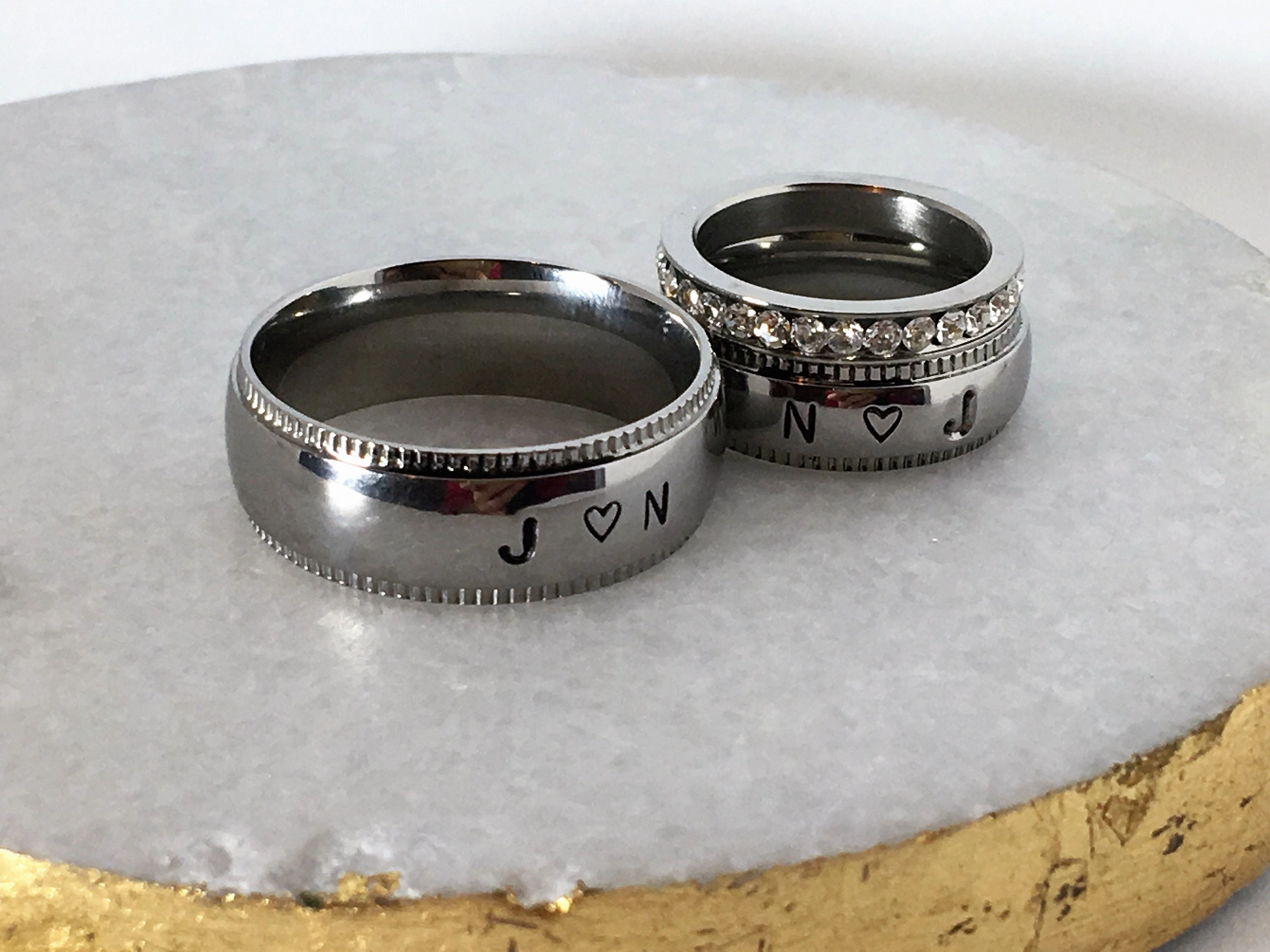 Matching set of Personalized Rings Couples wide rings Silver Gold Stainless Steel Ring, Name rings